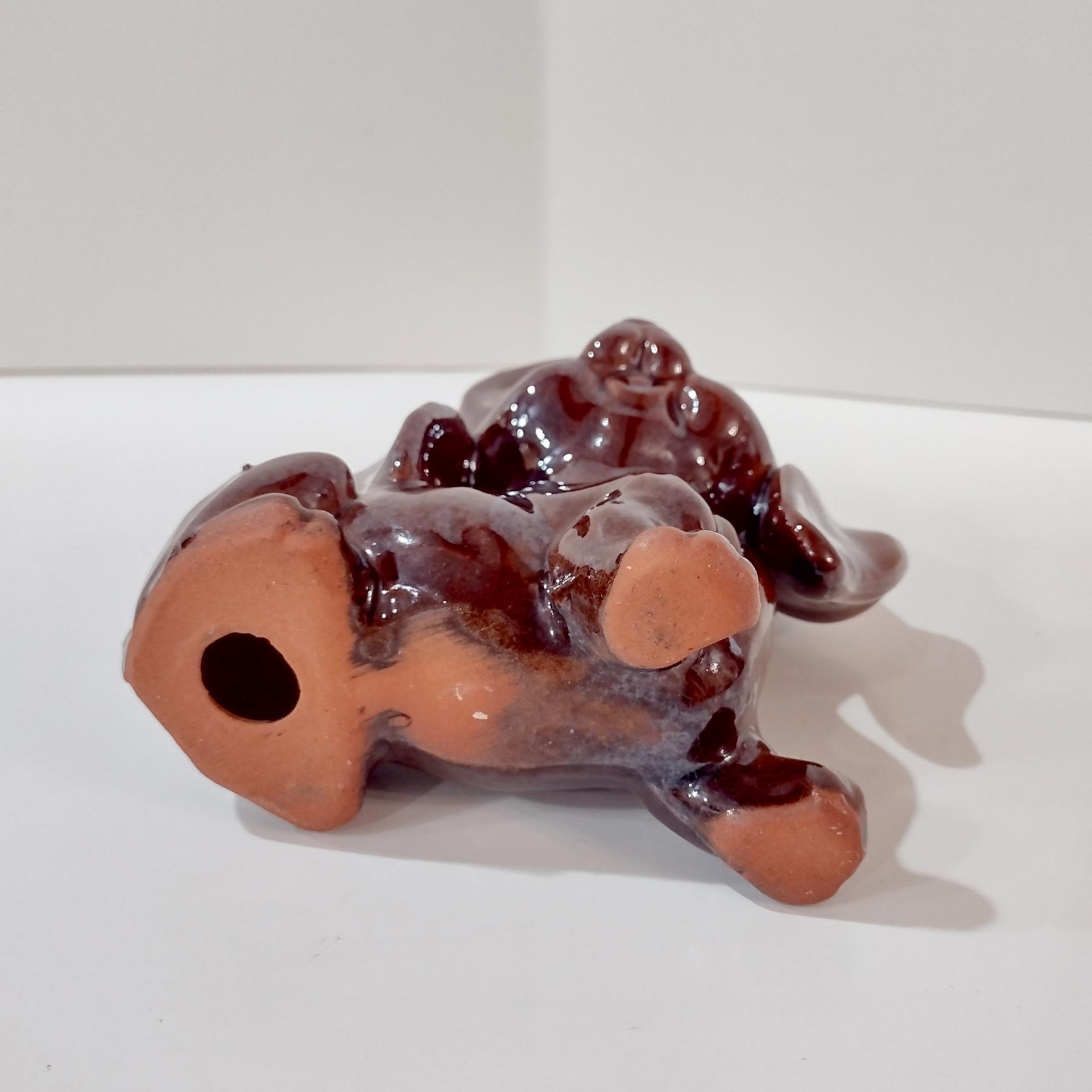 Vintage Ceramic Redware Brown Puppy Dog Figurine with Green Eyes
