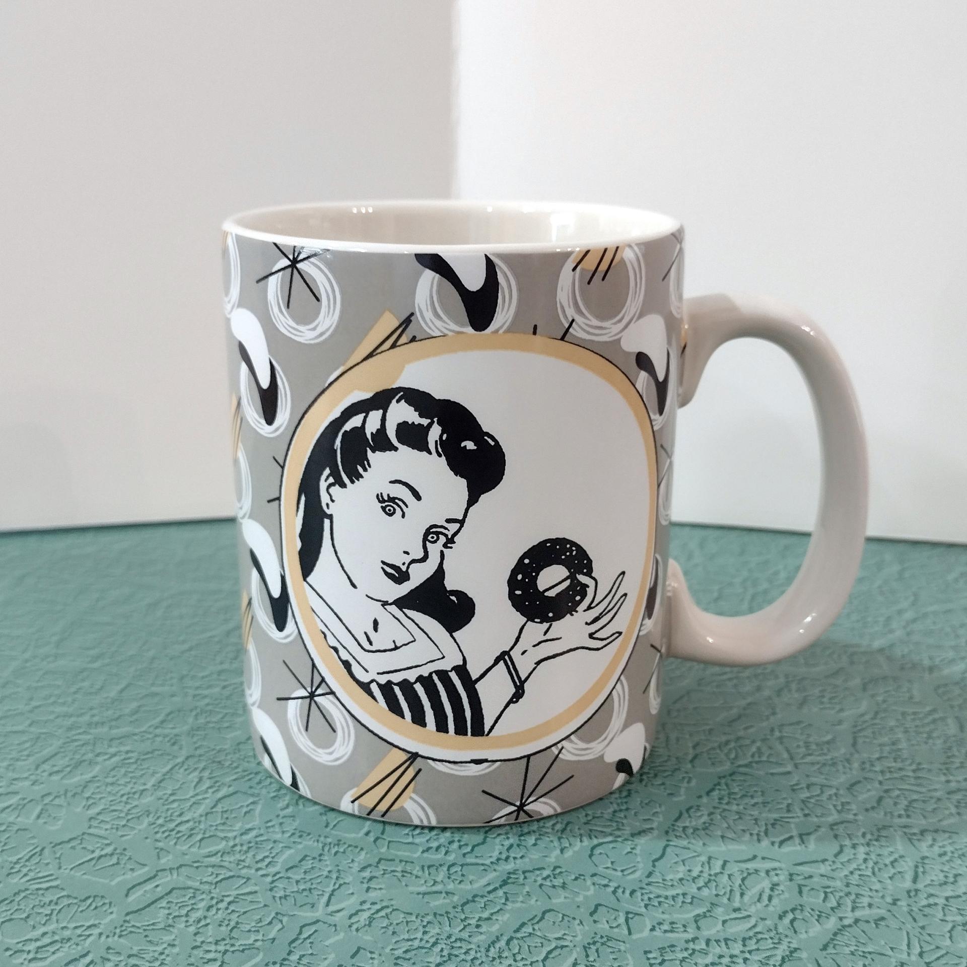 Vintage 1950's Style Graphic Woman with Donut Coffee Mug, Funny Donut Saying Oversized Mug, Fitness Donut in my Mouth