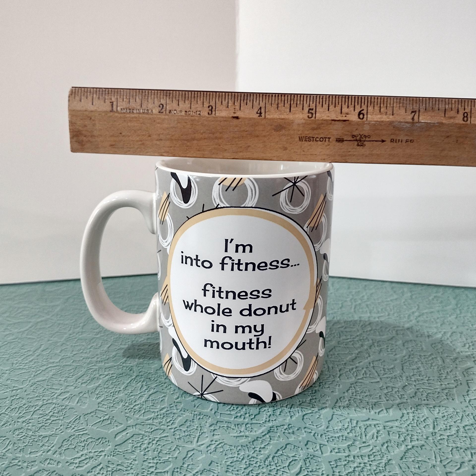 Vintage 1950's Style Graphic Woman with Donut Coffee Mug, Funny Donut Saying Oversized Mug, Fitness Donut in my Mouth
