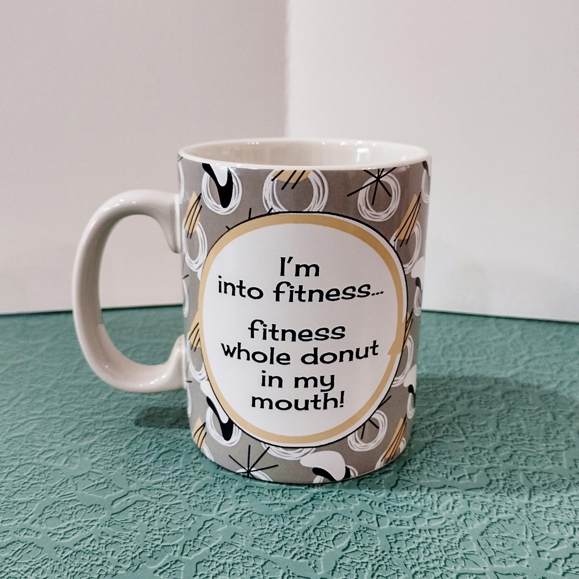 Vintage 1950's Style Graphic Woman with Donut Coffee Mug, Funny Donut Saying Oversized Mug, Fitness Donut in my Mouth