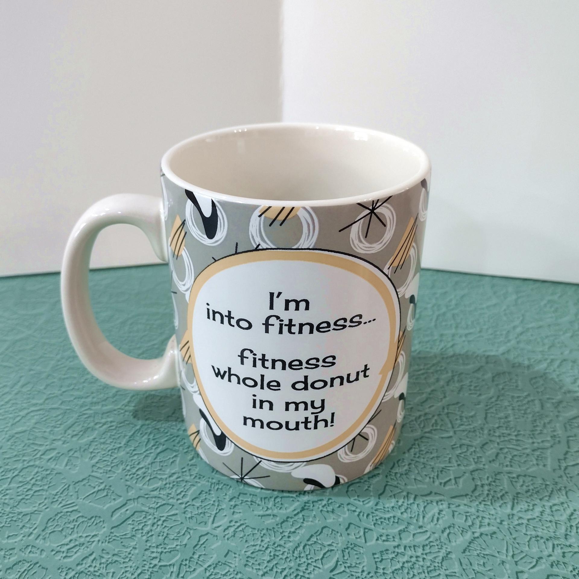 Vintage 1950's Style Graphic Woman with Donut Coffee Mug, Funny Donut Saying Oversized Mug, Fitness Donut in my Mouth