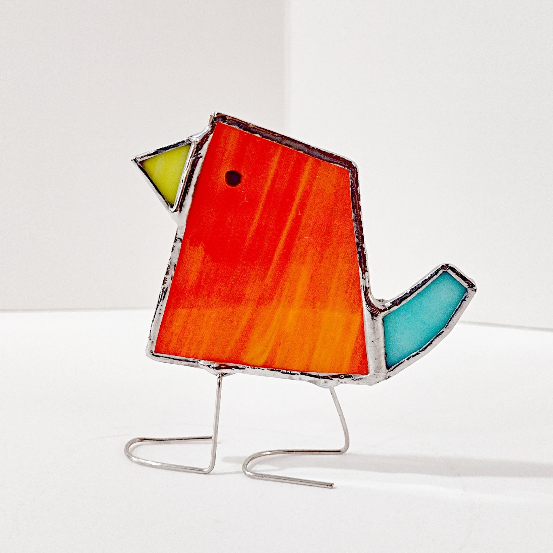 Stained Glass Standing Bird, Funky Orange and Blue Glass Bird Suncatcher, Bird Lover Gift