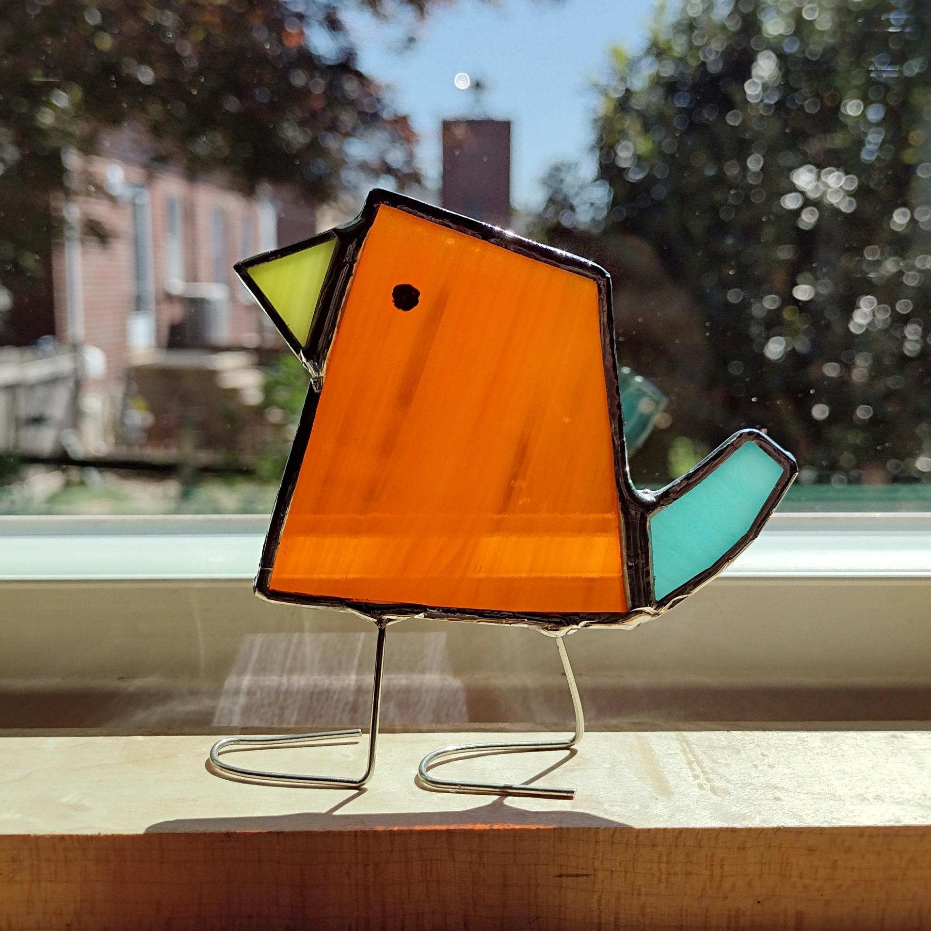 Stained Glass Standing Bird, Funky Orange and Blue Glass Bird Suncatcher, Bird Lover Gift