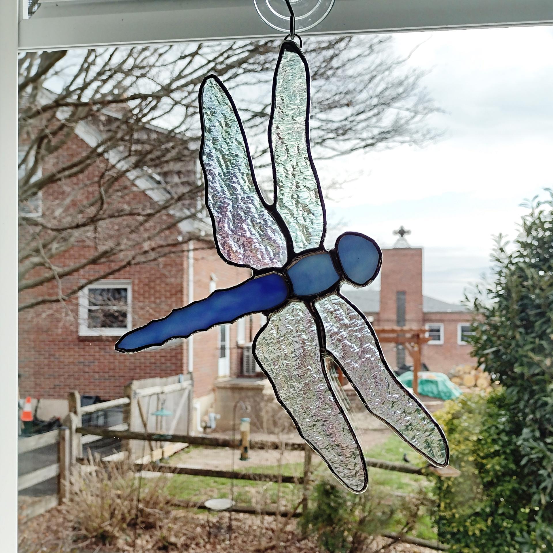 Stained Glass Dragonfly Suncatcher, Iridescent Clear and Blue