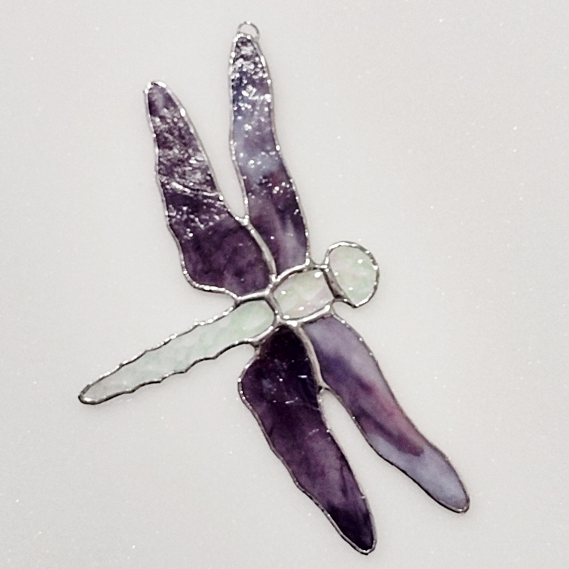 Stained Glass Dragonfly Suncatcher, Iridescent Clear and Purple