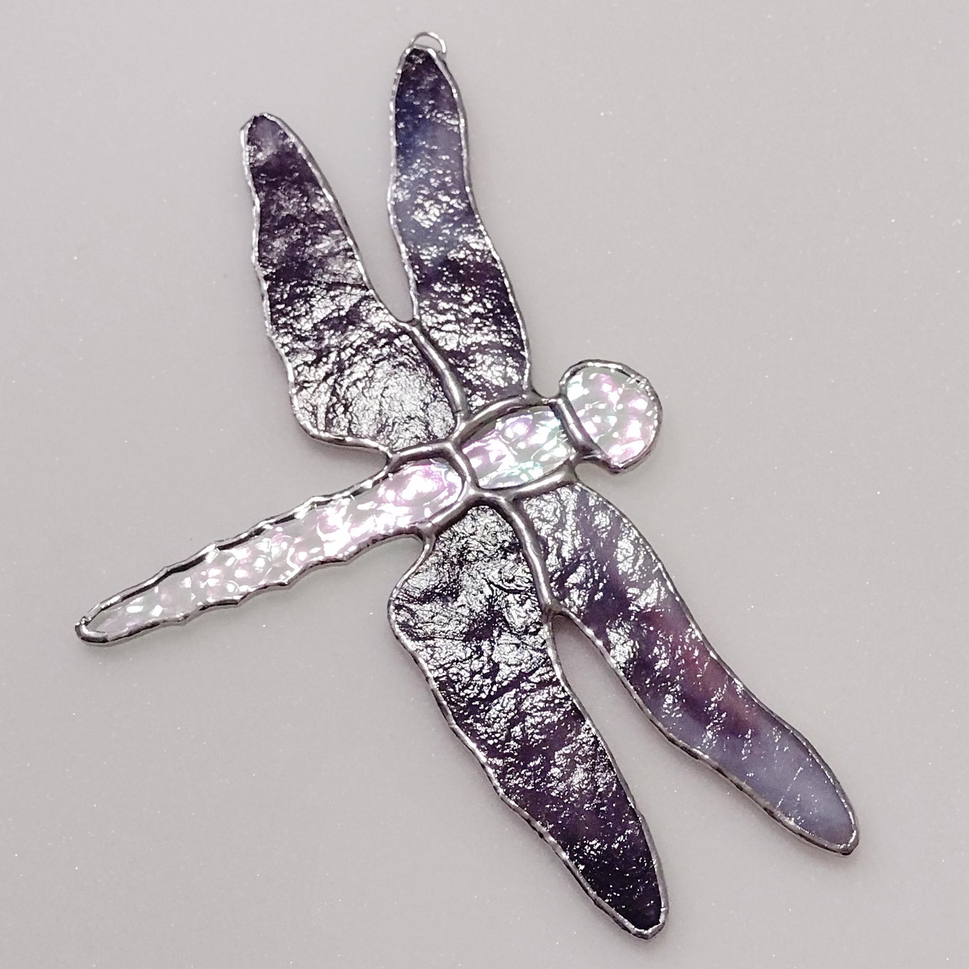 Stained Glass Dragonfly Suncatcher, Iridescent Clear and Purple