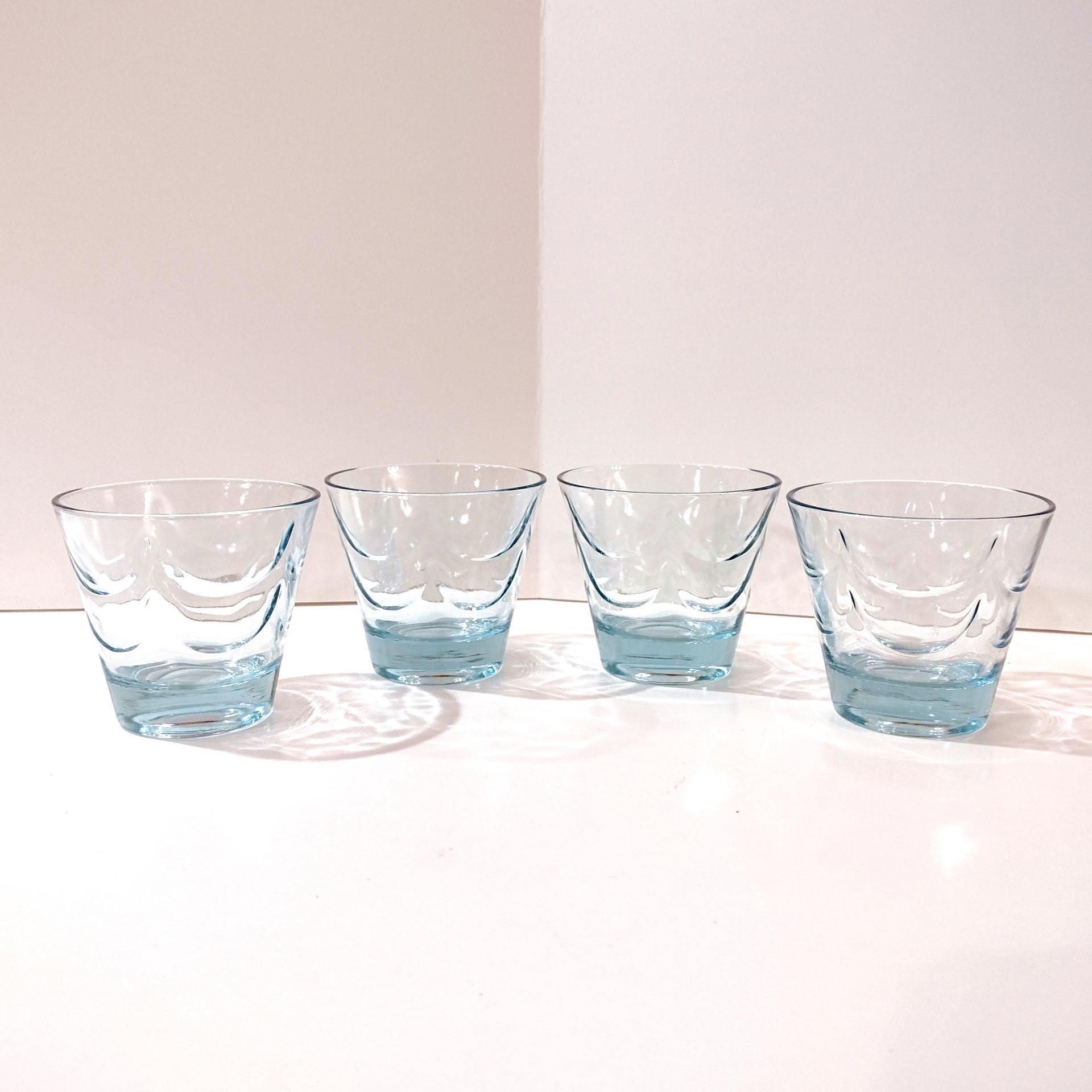 Vintage Light Blue Draped Lowball Rocks Glasses, Set of Four, MCM Whiskey Glasses