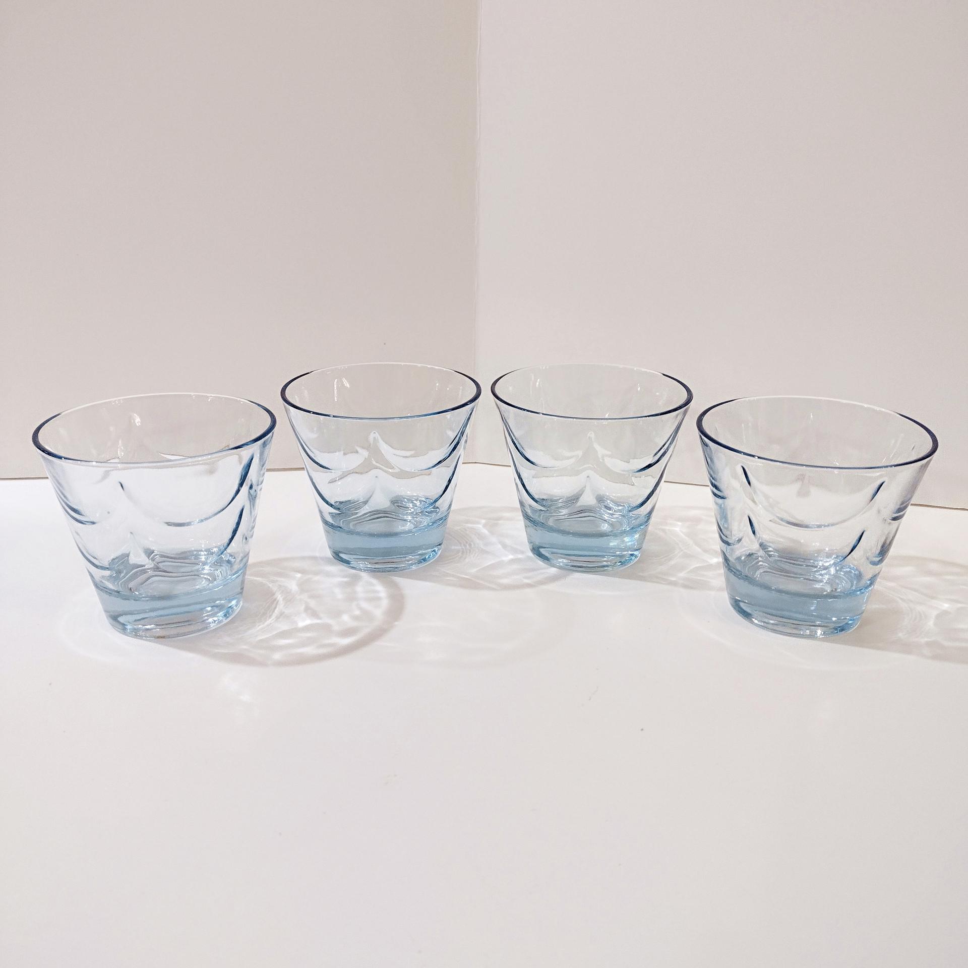 Vintage Light Blue Draped Lowball Rocks Glasses, Set of Four, MCM Whiskey Glasses