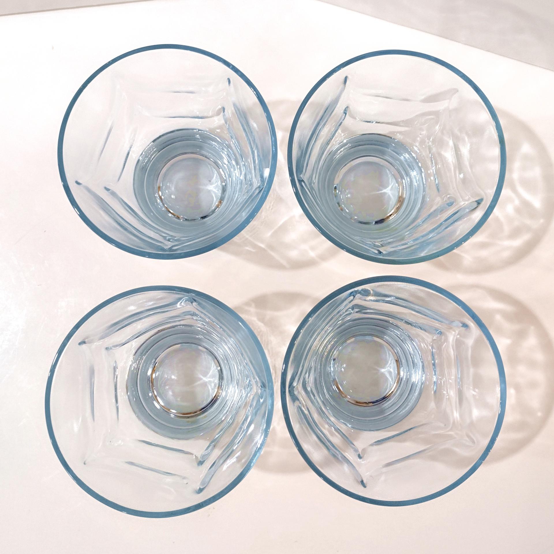 Vintage Light Blue Draped Lowball Rocks Glasses, Set of Four, MCM Whiskey Glasses