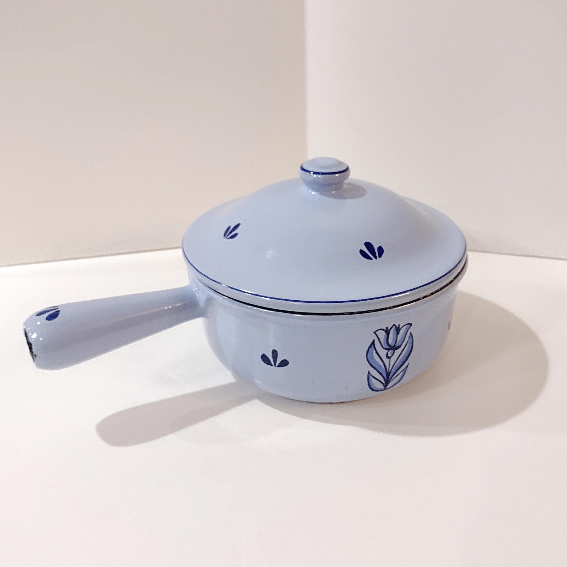 Vintage Dru Holland Cast Iron Enamel 7 Inch Sauce Pan, Light Blue Tulip Design, Druware Dutch Cookware