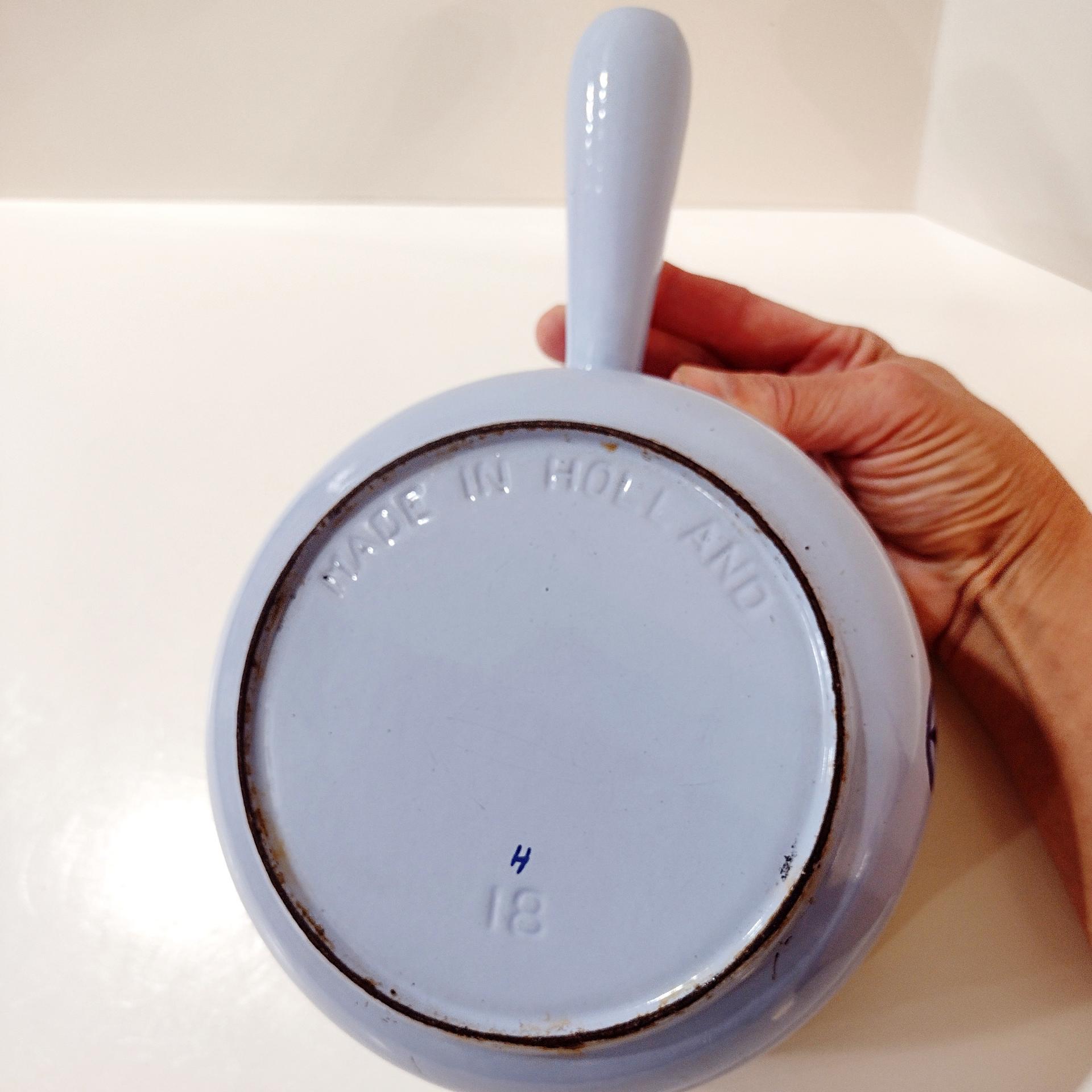 Vintage Dru Holland Cast Iron Enamel 7 Inch Sauce Pan, Light Blue Tulip Design, Druware Dutch Cookware