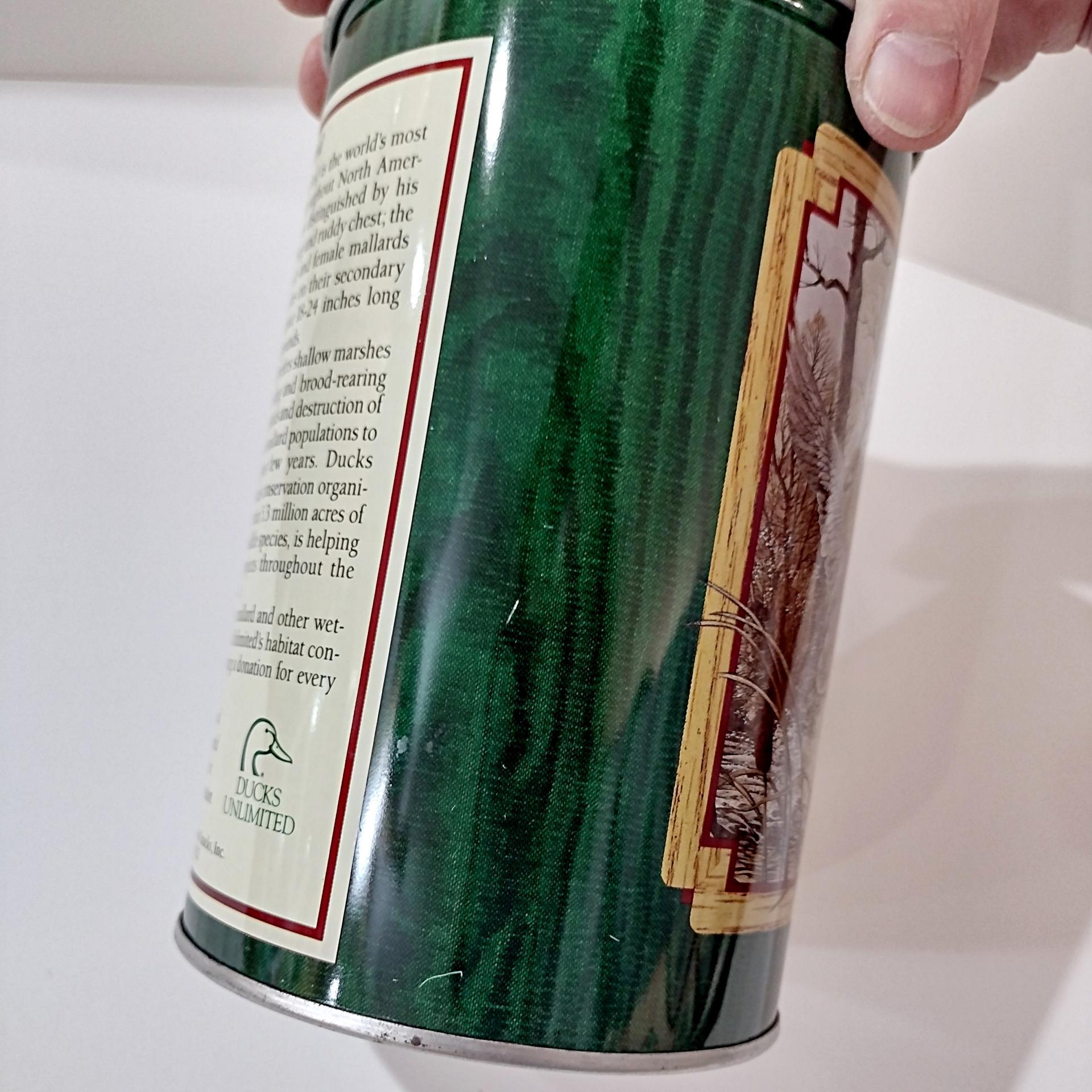 Vintage 1990 Harold Roe "Spooked" Mallard Duck Cylinder Tin, Lowrey's Ducks Unlimited Collector Tin