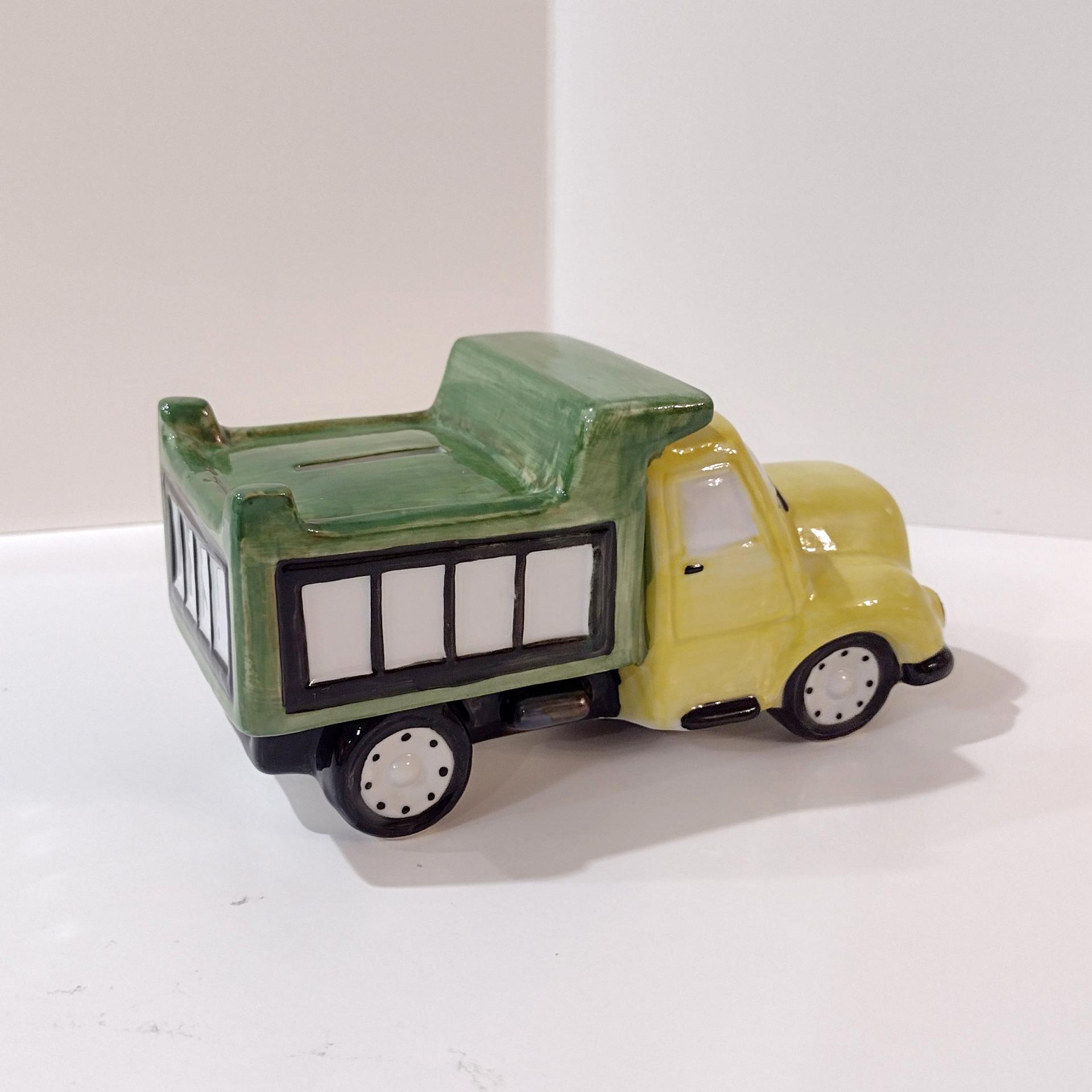 Vintage Ceramic Dump Truck Childs Coin Bank, Andrea by Sadek Green and Yellow Truck Bank