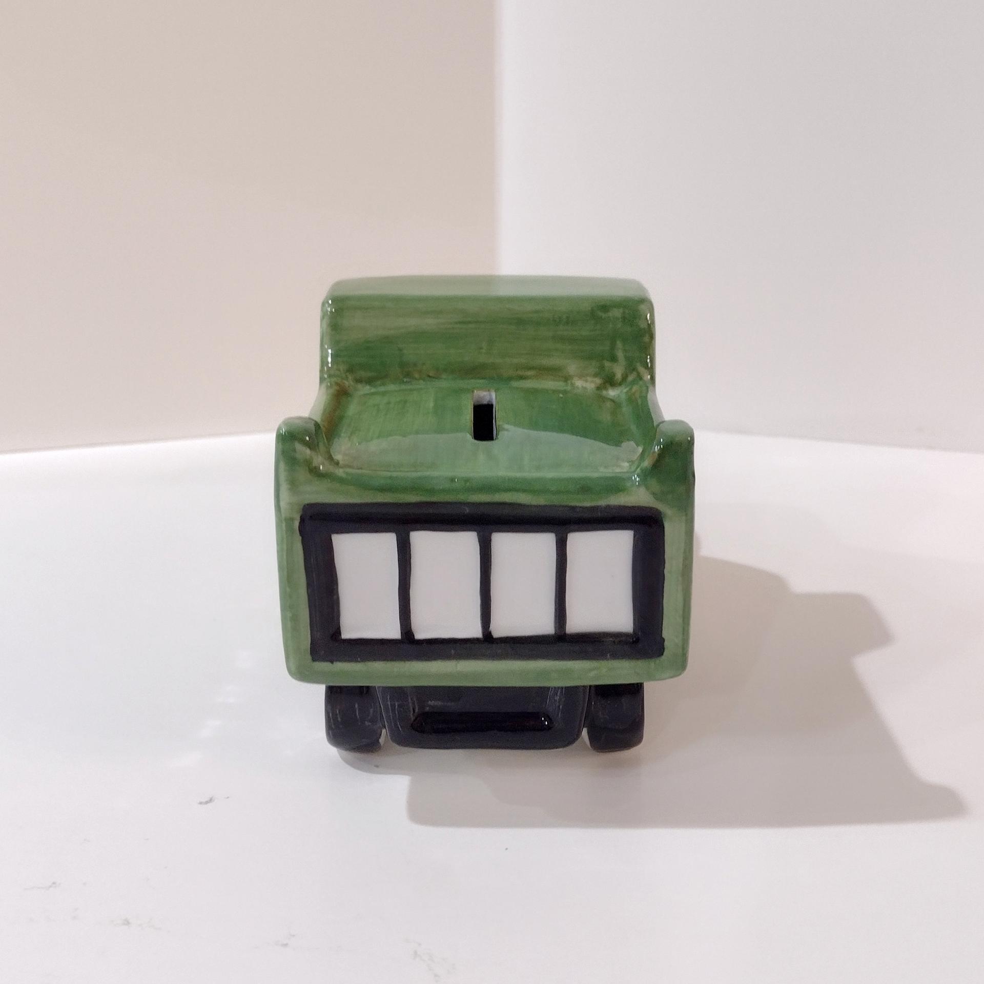 Vintage Ceramic Dump Truck Childs Coin Bank, Andrea by Sadek Green and Yellow Truck Bank