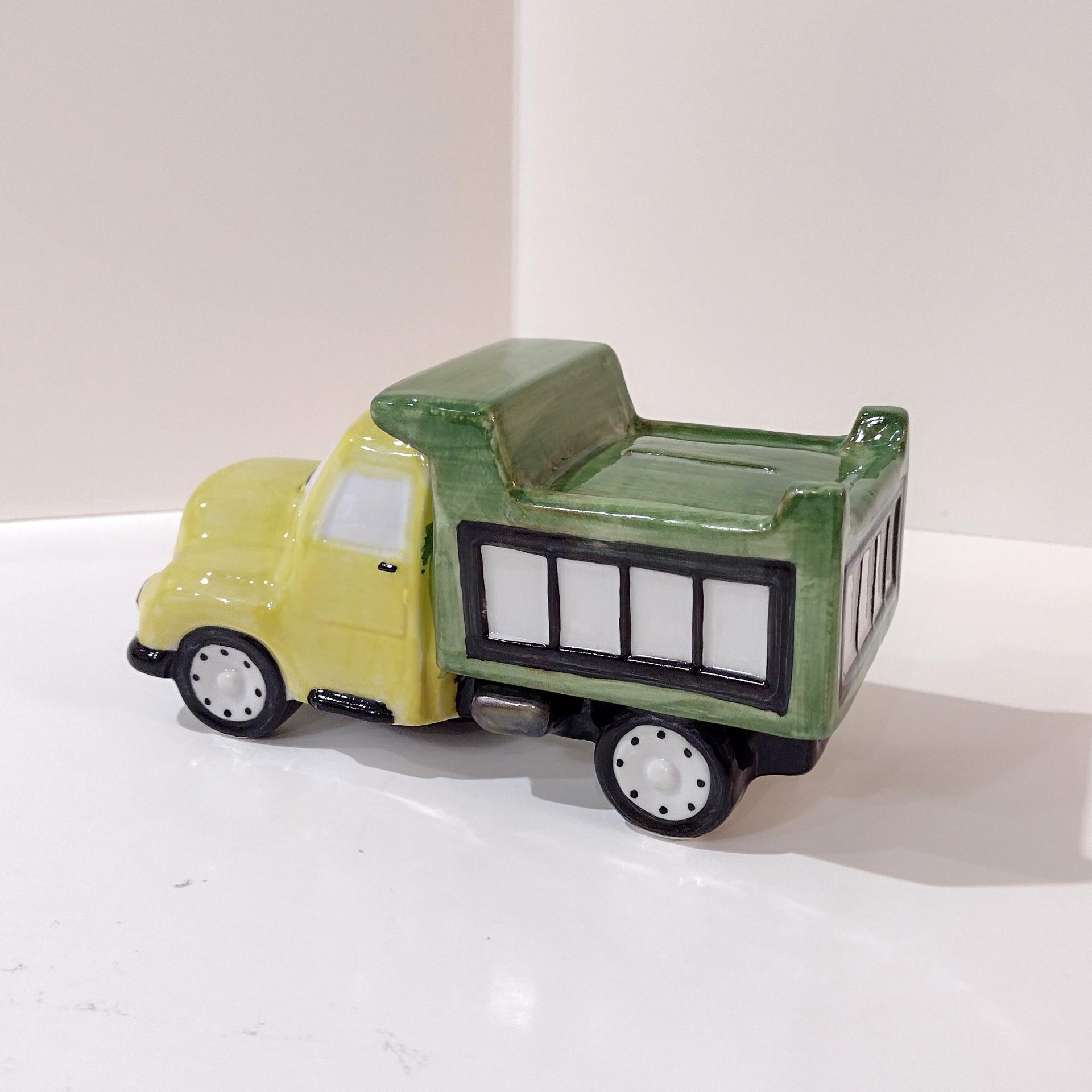 Vintage Ceramic Dump Truck Childs Coin Bank, Andrea by Sadek Green and Yellow Truck Bank