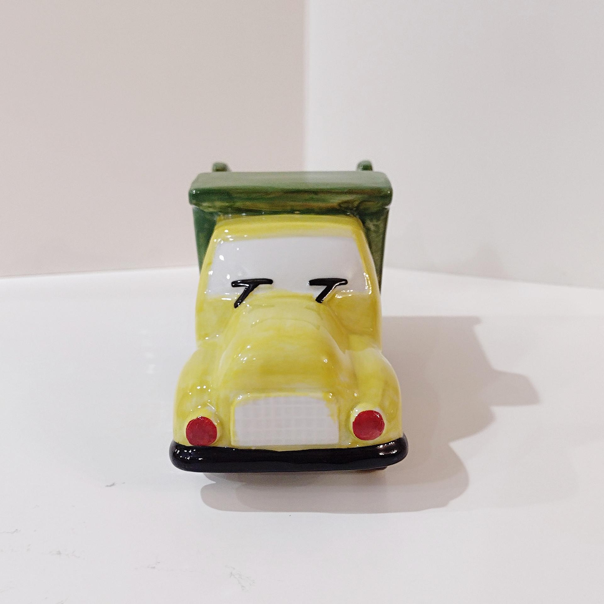 Vintage Ceramic Dump Truck Childs Coin Bank, Andrea by Sadek Green and Yellow Truck Bank