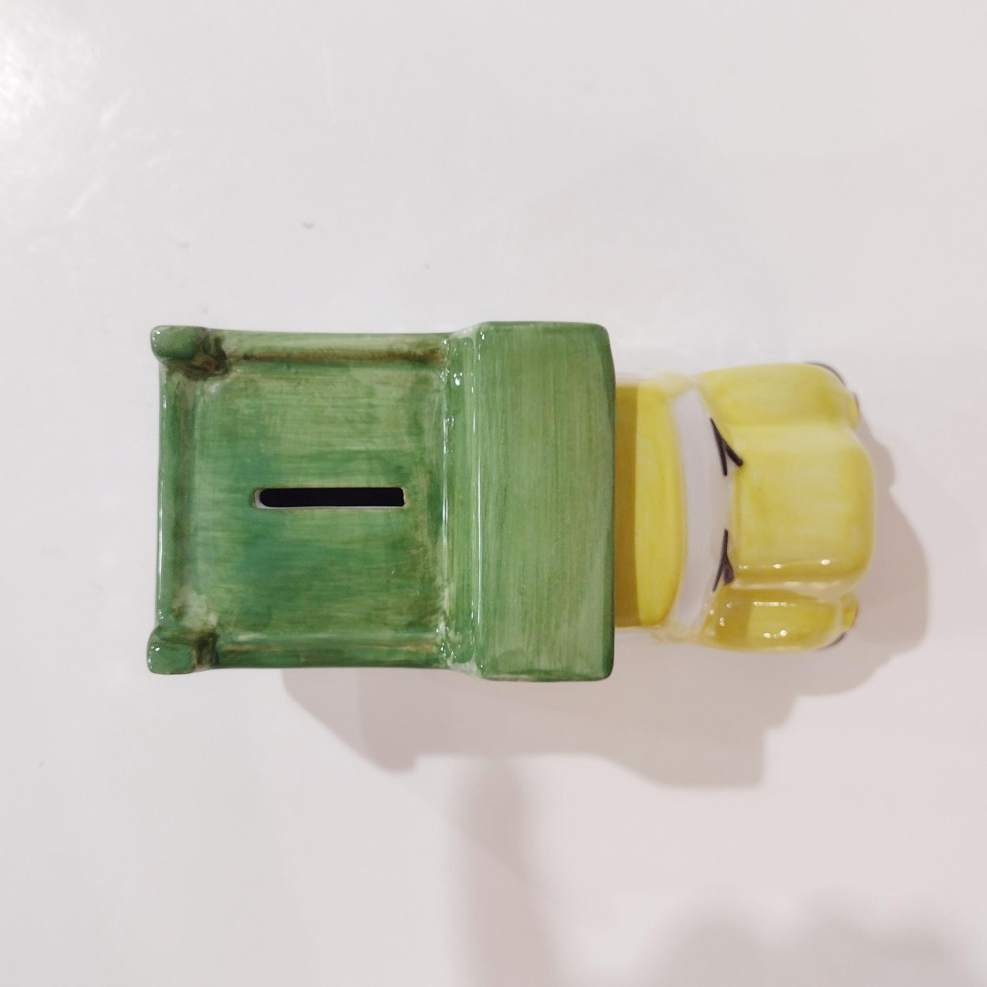 Vintage Ceramic Dump Truck Childs Coin Bank, Andrea by Sadek Green and Yellow Truck Bank