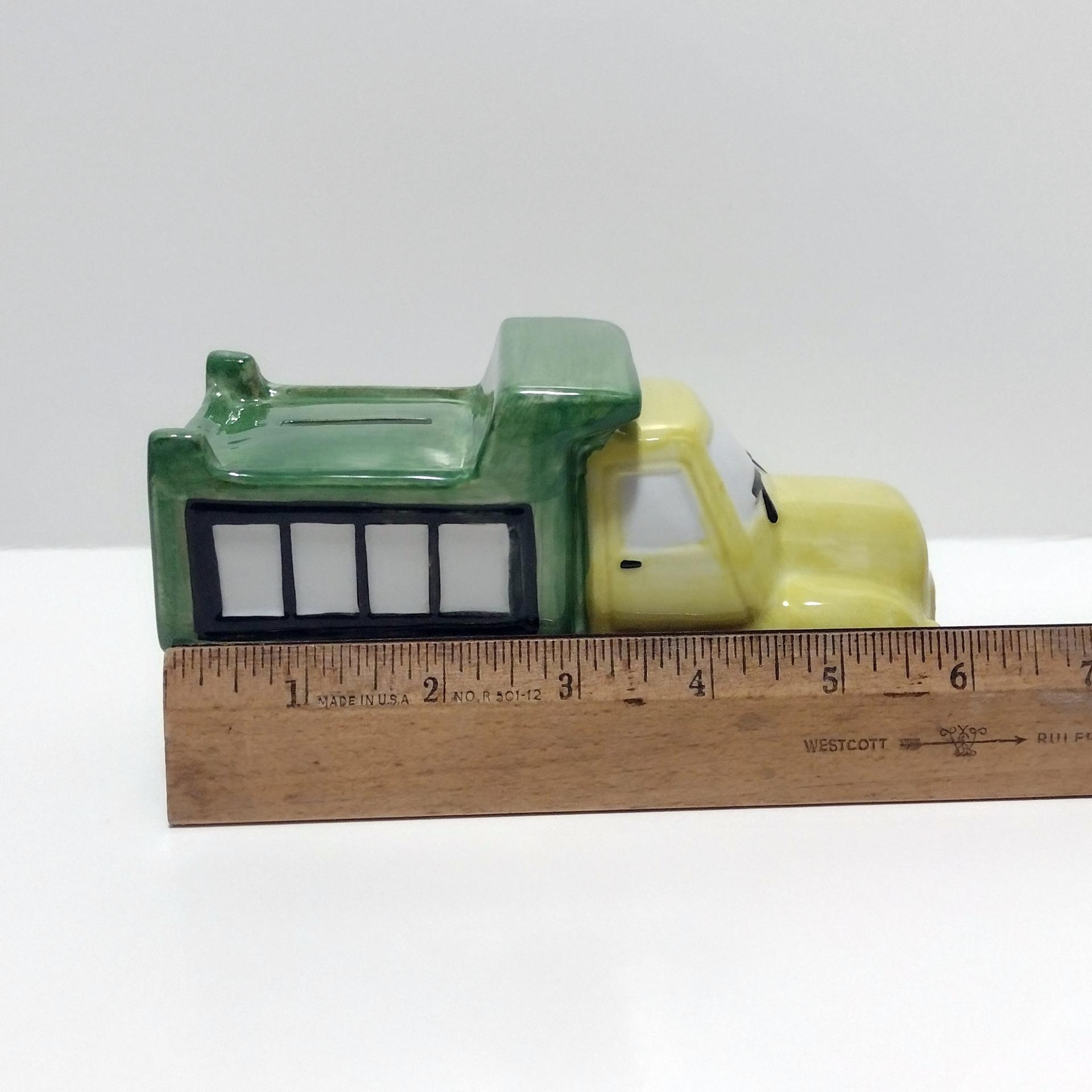Vintage Ceramic Dump Truck Childs Coin Bank, Andrea by Sadek Green and Yellow Truck Bank