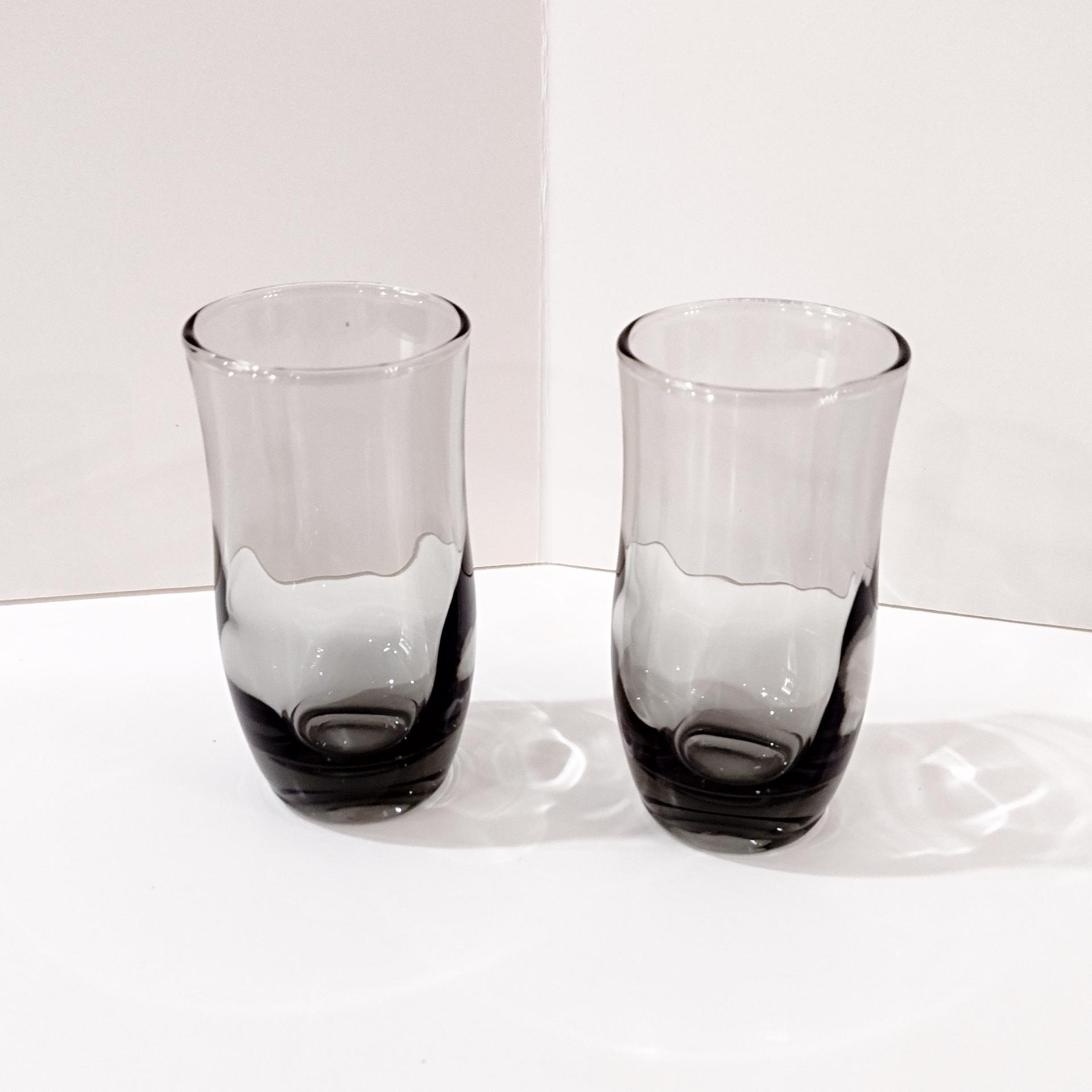 Vintage Duz Swedish Modern Smoke Flat Juice Glasses, Set of Two, 1960's Smoky Gray Glasses