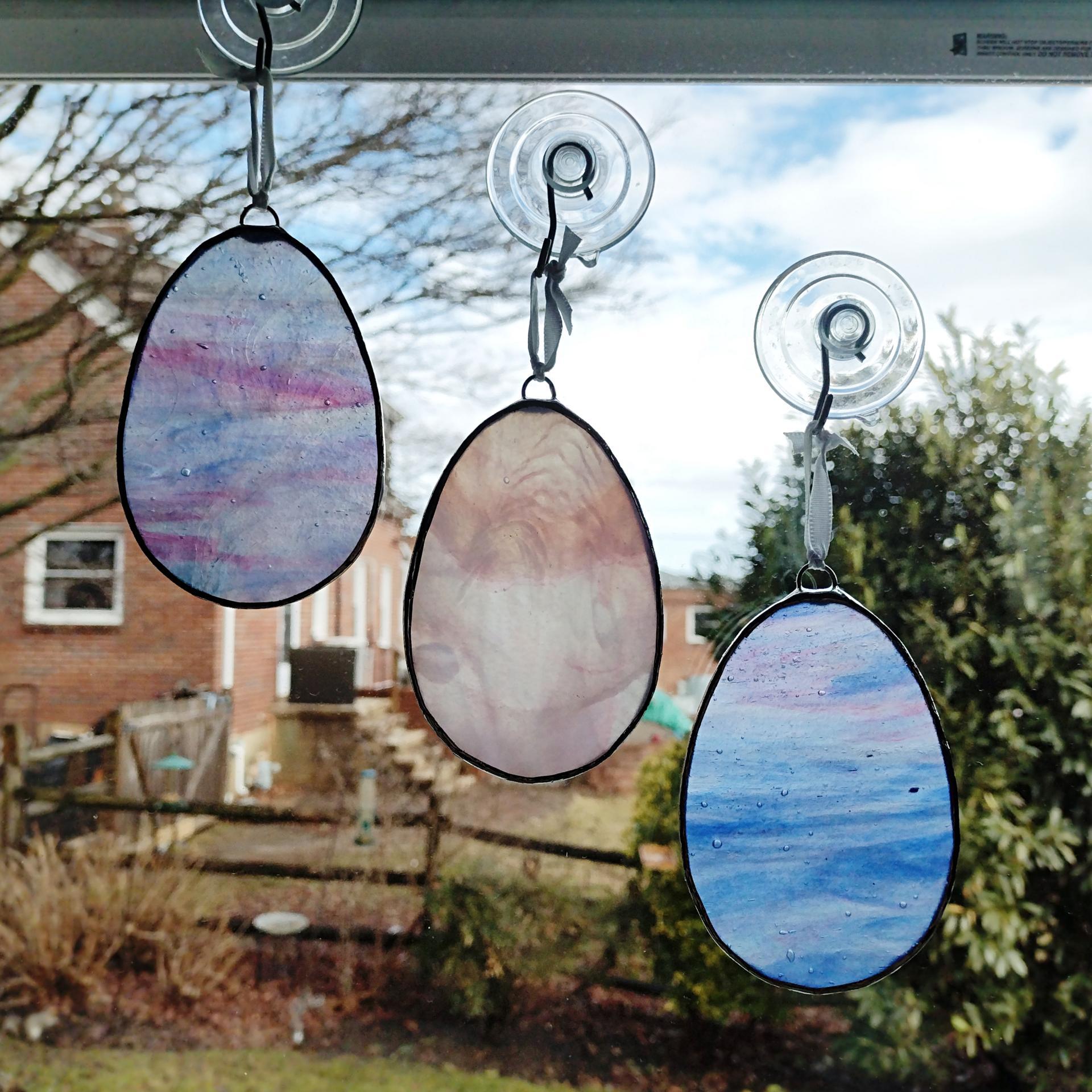 Stained Glass Easter Egg Suncatchers, Set of Three, Blue and Pink Youghiogheny Art Glass