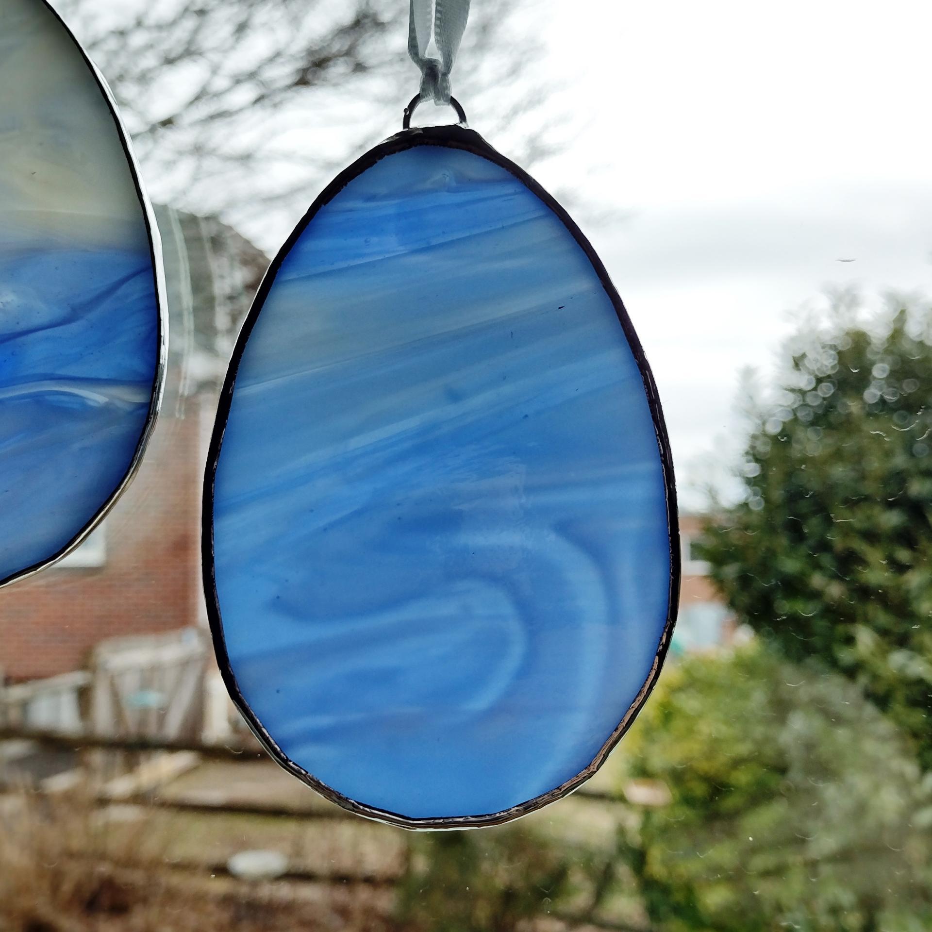 Stained Glass Easter Egg Suncatchers, Set of Three, Blue and Yellow Glass Easter Egg Decoration