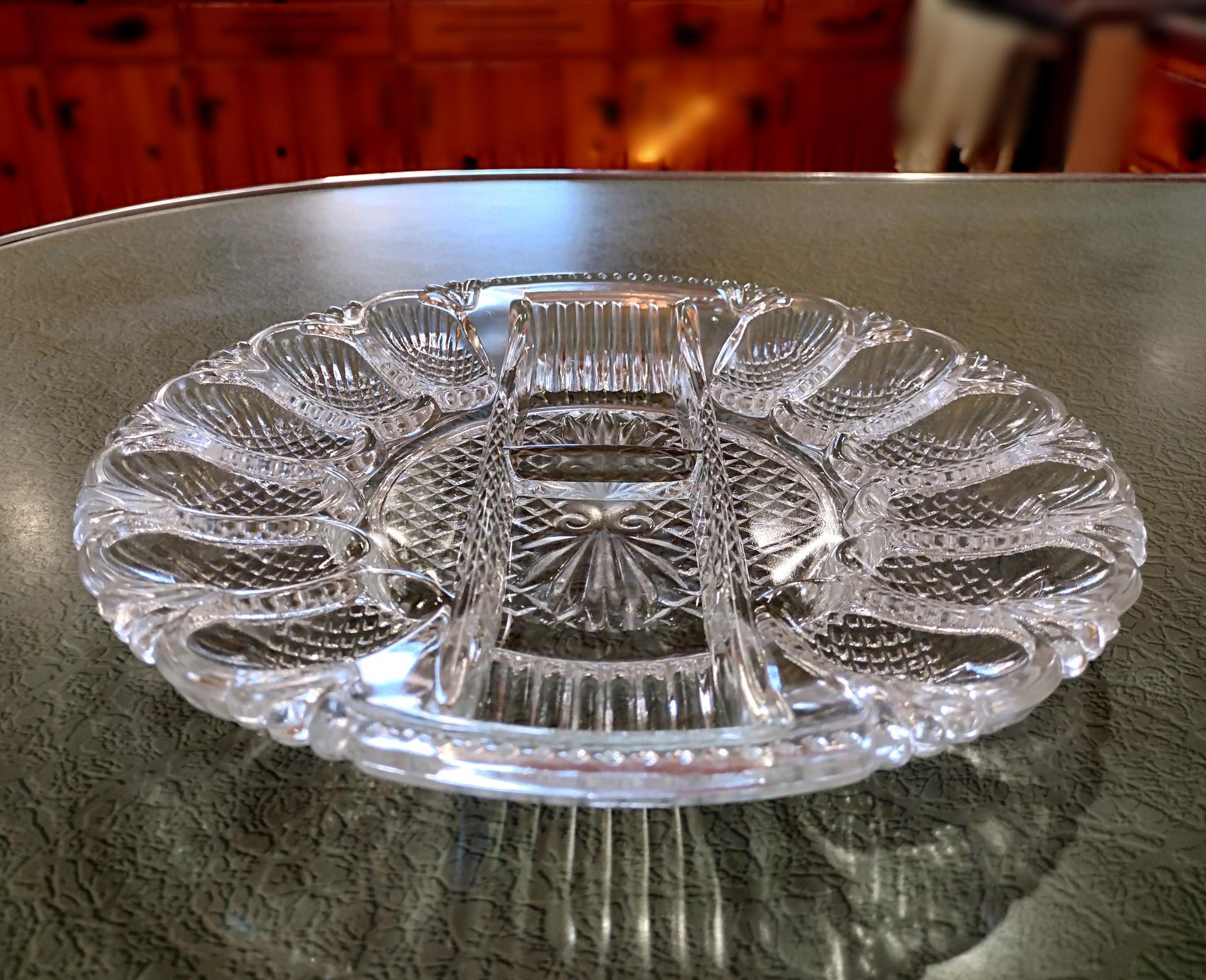 Vintage L E Smith Clear Pressed Glass Egg and Relish Tray, Heritage 567 Pattern with Pineapple Design