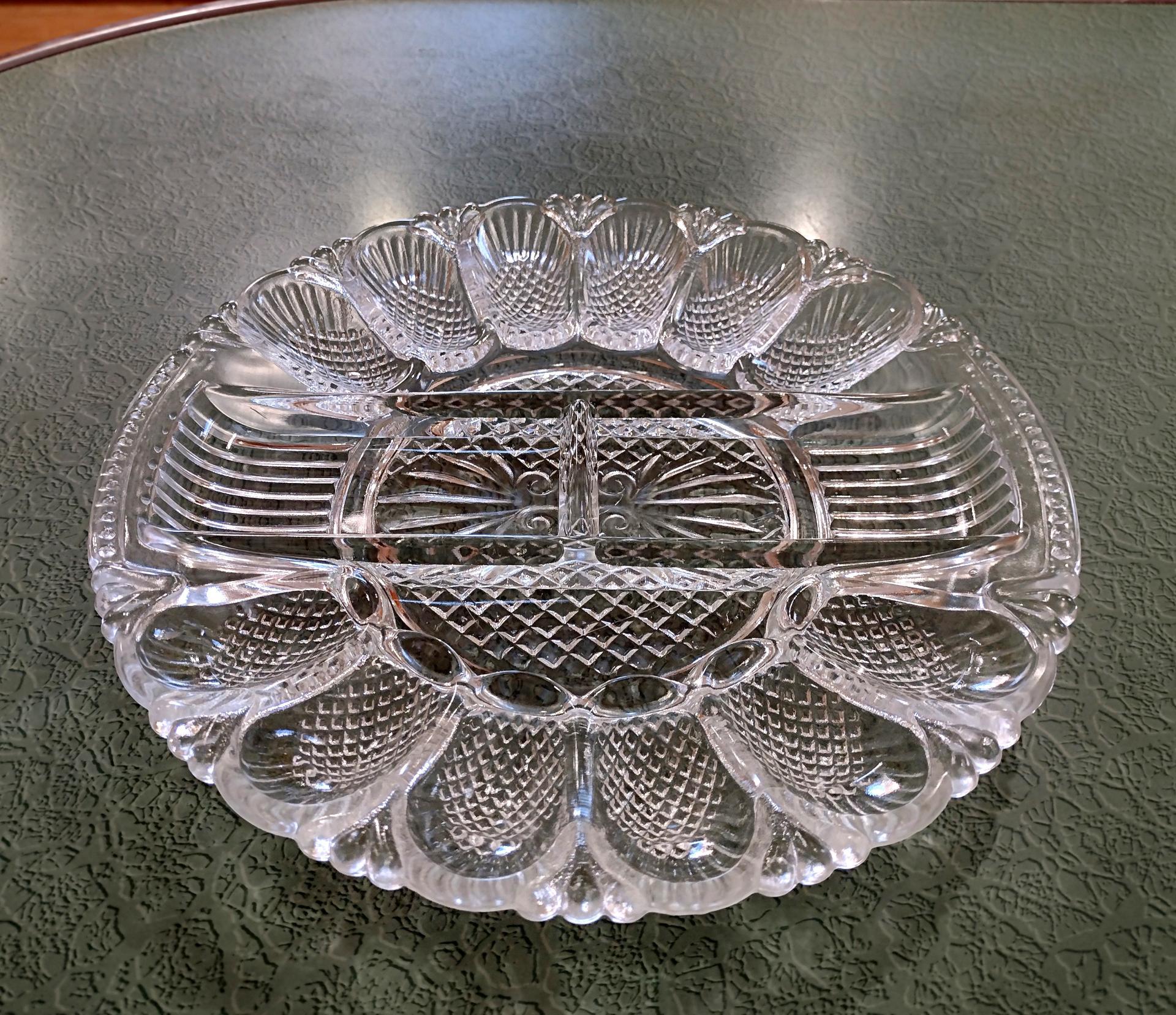 Vintage L E Smith Clear Pressed Glass Egg and Relish Tray, Heritage 567 Pattern with Pineapple Design