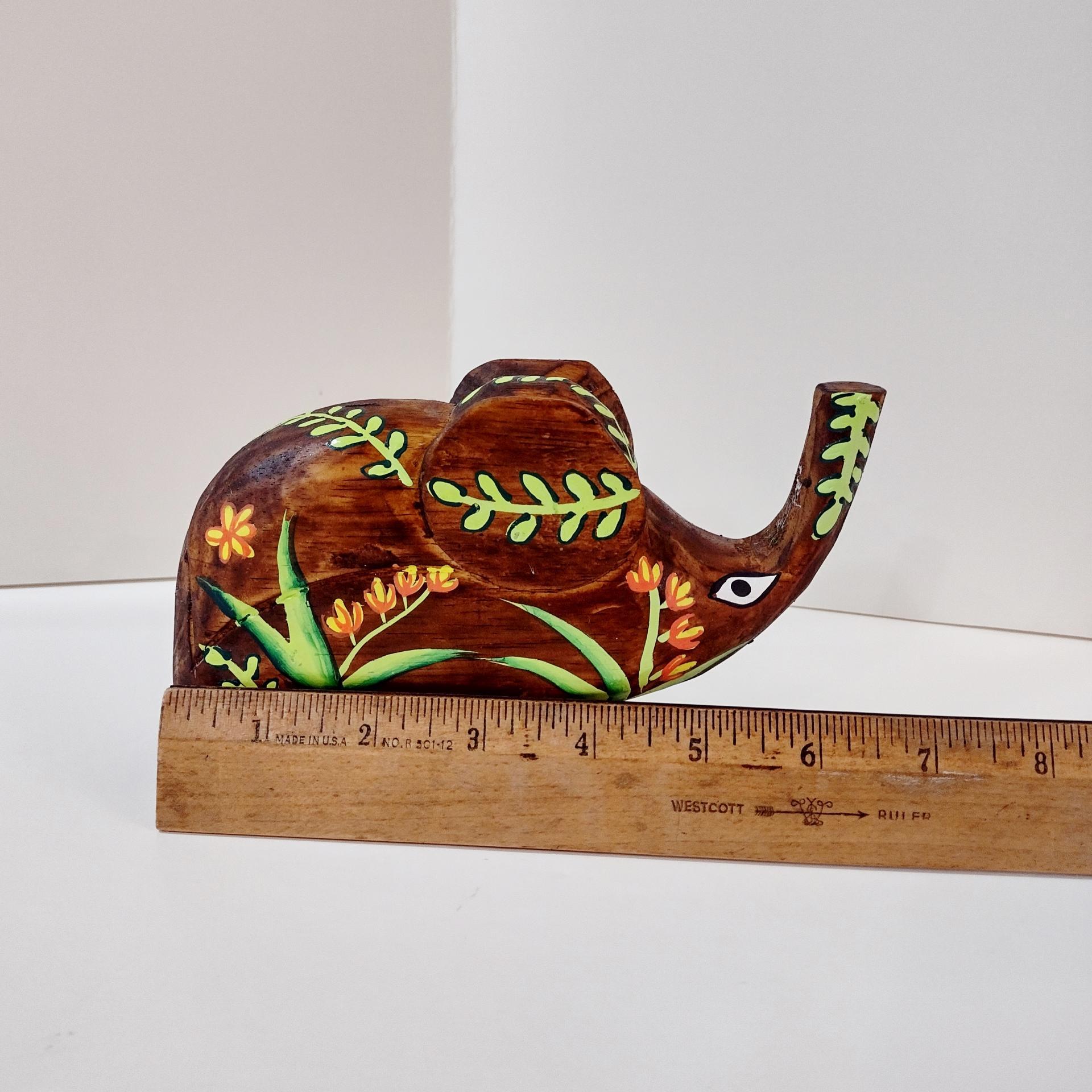 Hand Carved Wooden Elephant Figurine, Hand Painted Primitive Elephant Statue with Flower Design