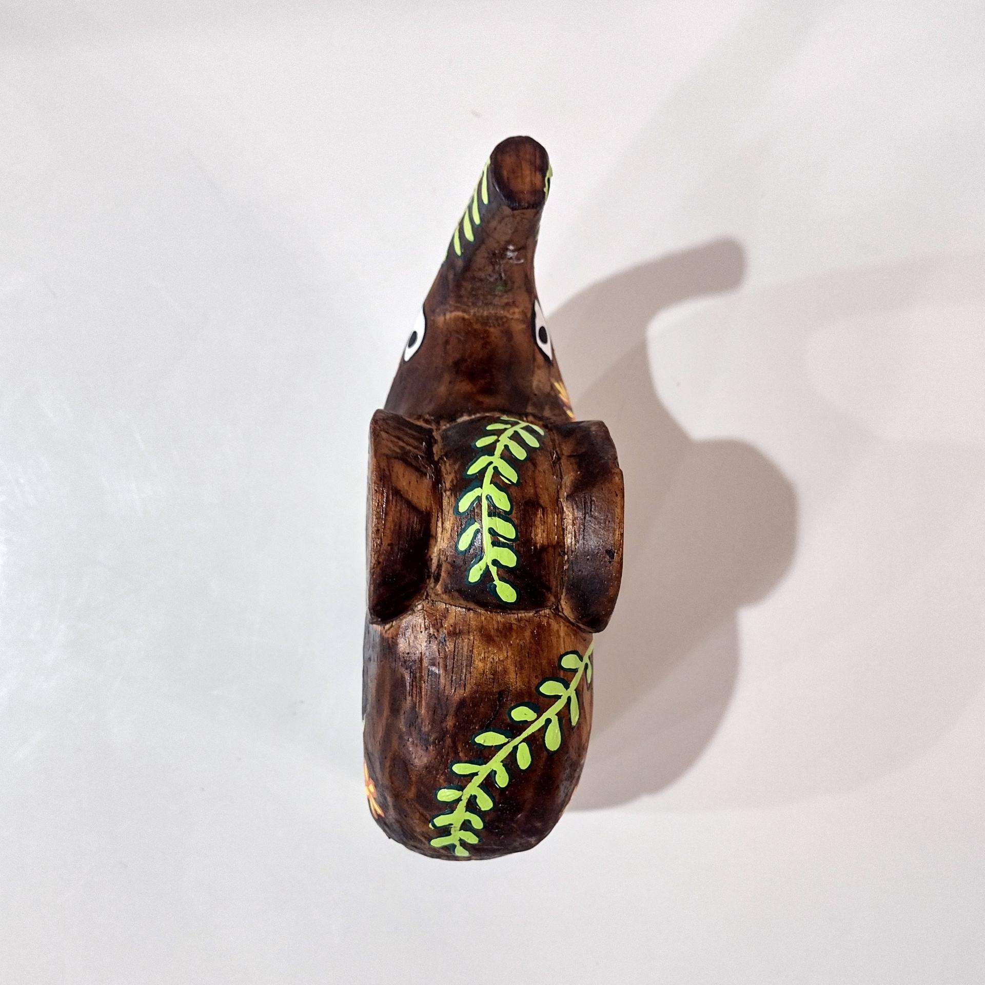 Hand Carved Wooden Elephant Figurine, Hand Painted Primitive Elephant Statue with Flower Design