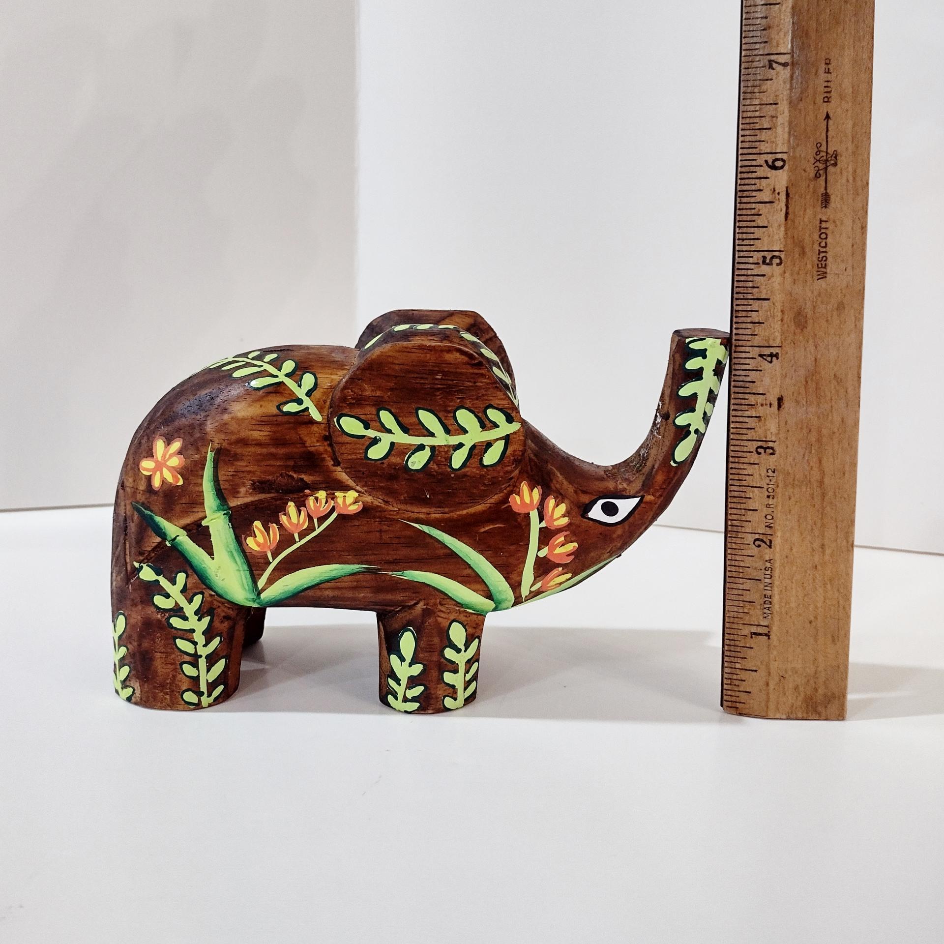 Hand Carved Wooden Elephant Figurine, Hand Painted Primitive Elephant Statue with Flower Design