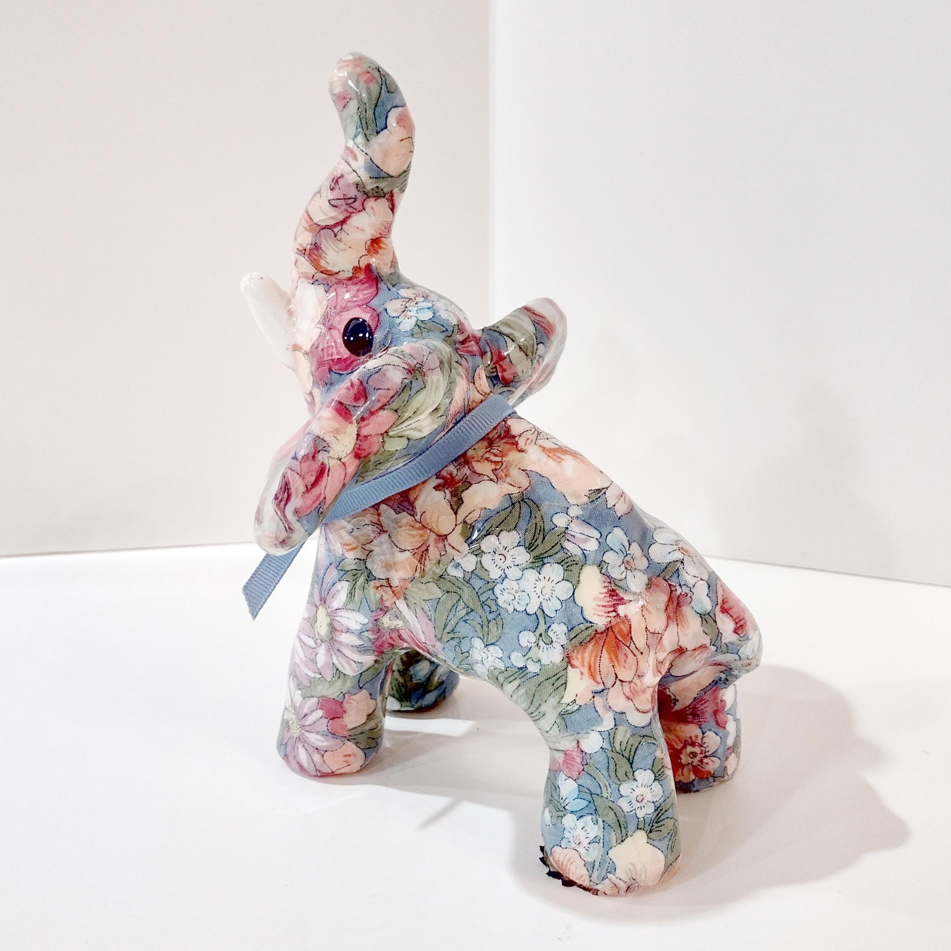 Vintage Joan Baker Porcelain Patchworks Floral Decoupage Elephant Figurine, Good Luck Trunk Up Elephant