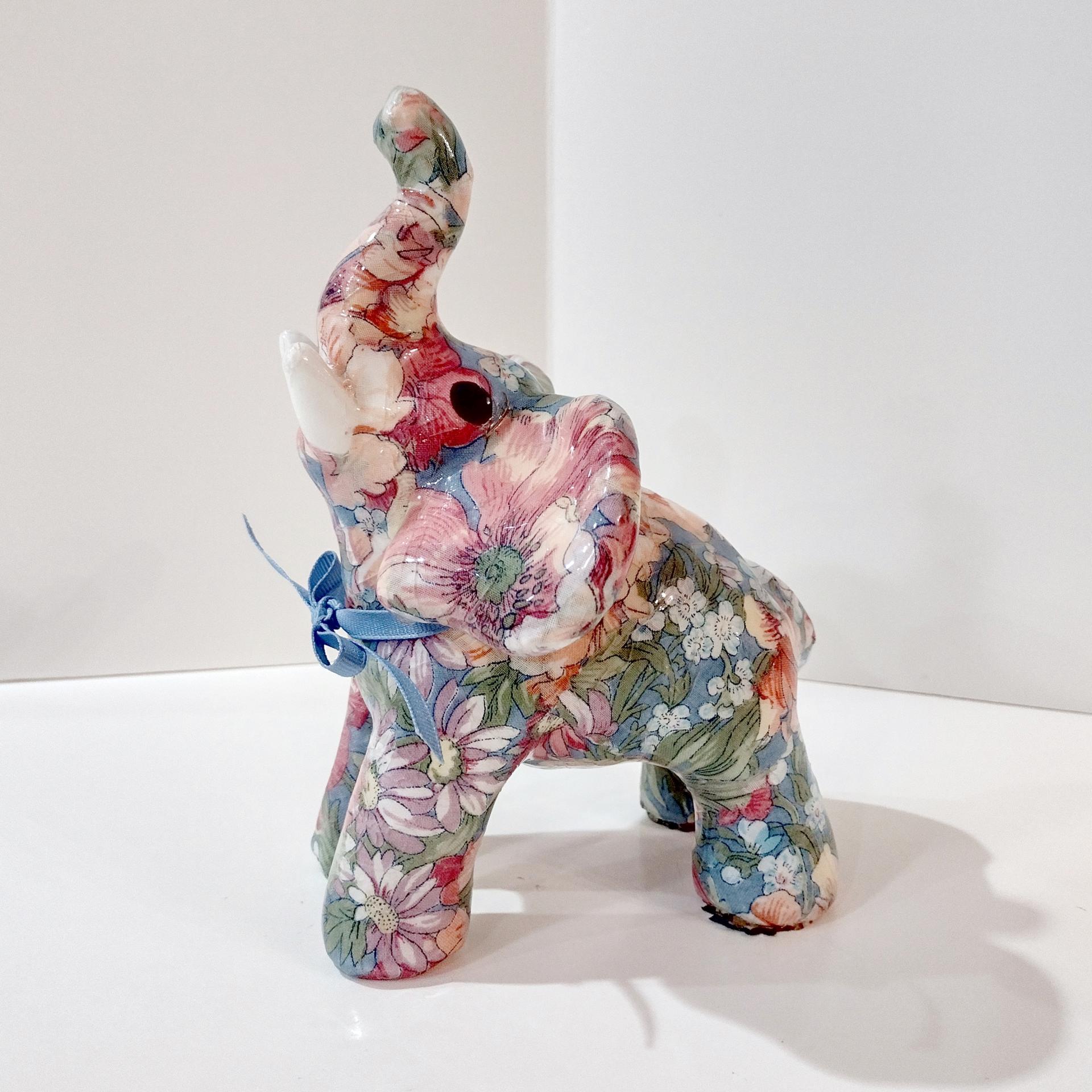 Vintage Joan Baker Porcelain Patchworks Floral Decoupage Elephant Figurine, Good Luck Trunk Up Elephant