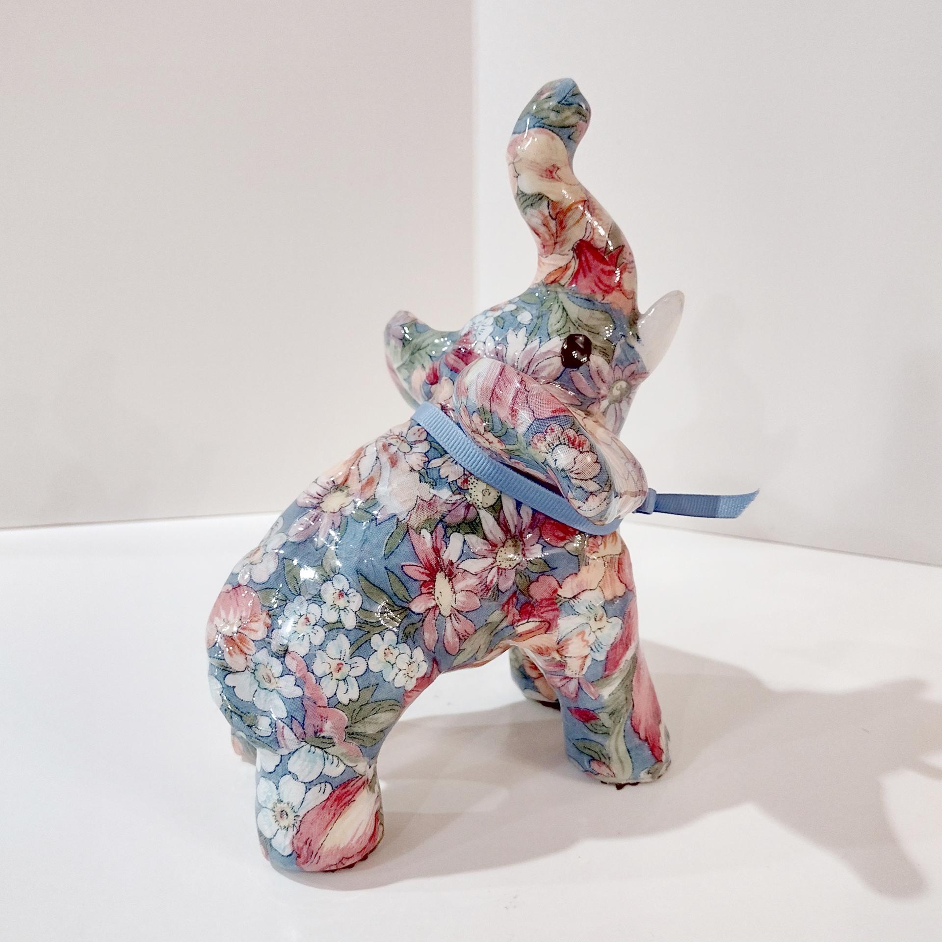 Vintage Joan Baker Porcelain Patchworks Floral Decoupage Elephant Figurine, Good Luck Trunk Up Elephant