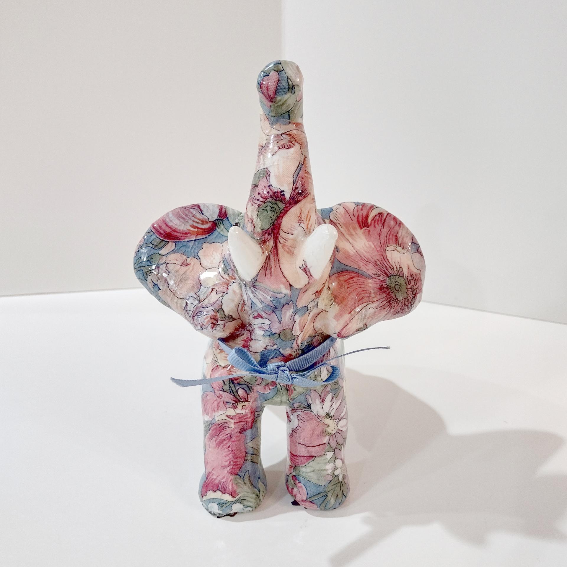 Vintage Joan Baker Porcelain Patchworks Floral Decoupage Elephant Figurine, Good Luck Trunk Up Elephant