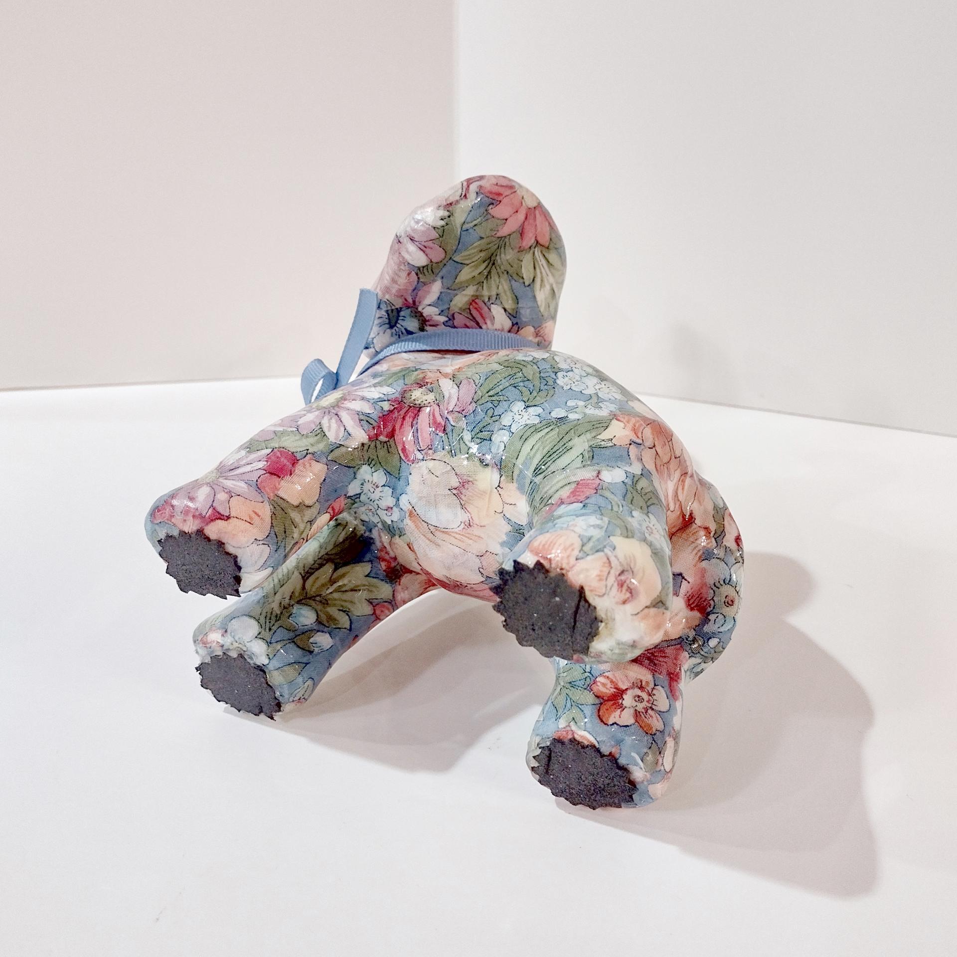 Vintage Joan Baker Porcelain Patchworks Floral Decoupage Elephant Figurine, Good Luck Trunk Up Elephant