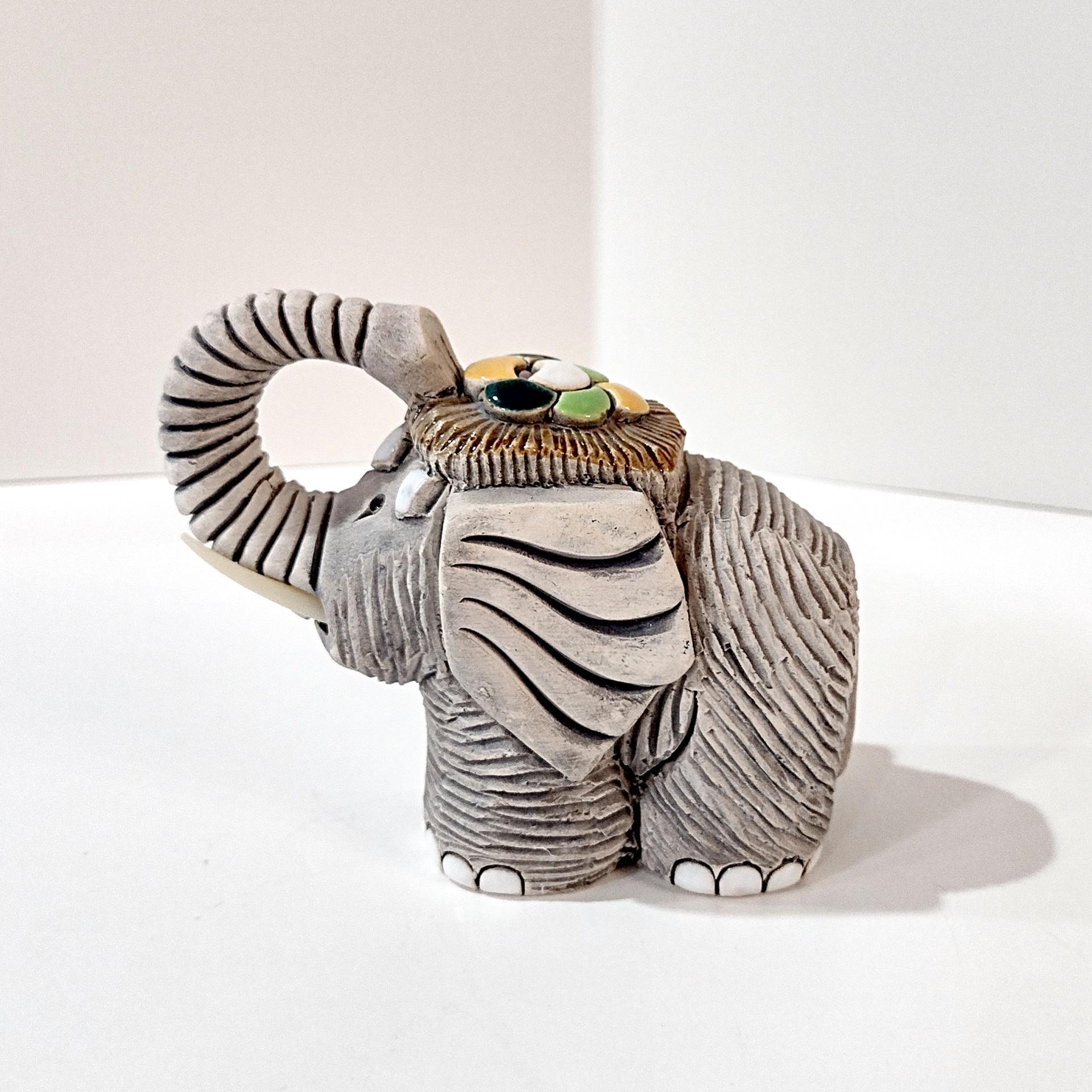 Vintage Artesania Rinconada Uruguay Sculpted Clay Elephant Figurine, Good Luck Trunk Up Elephant