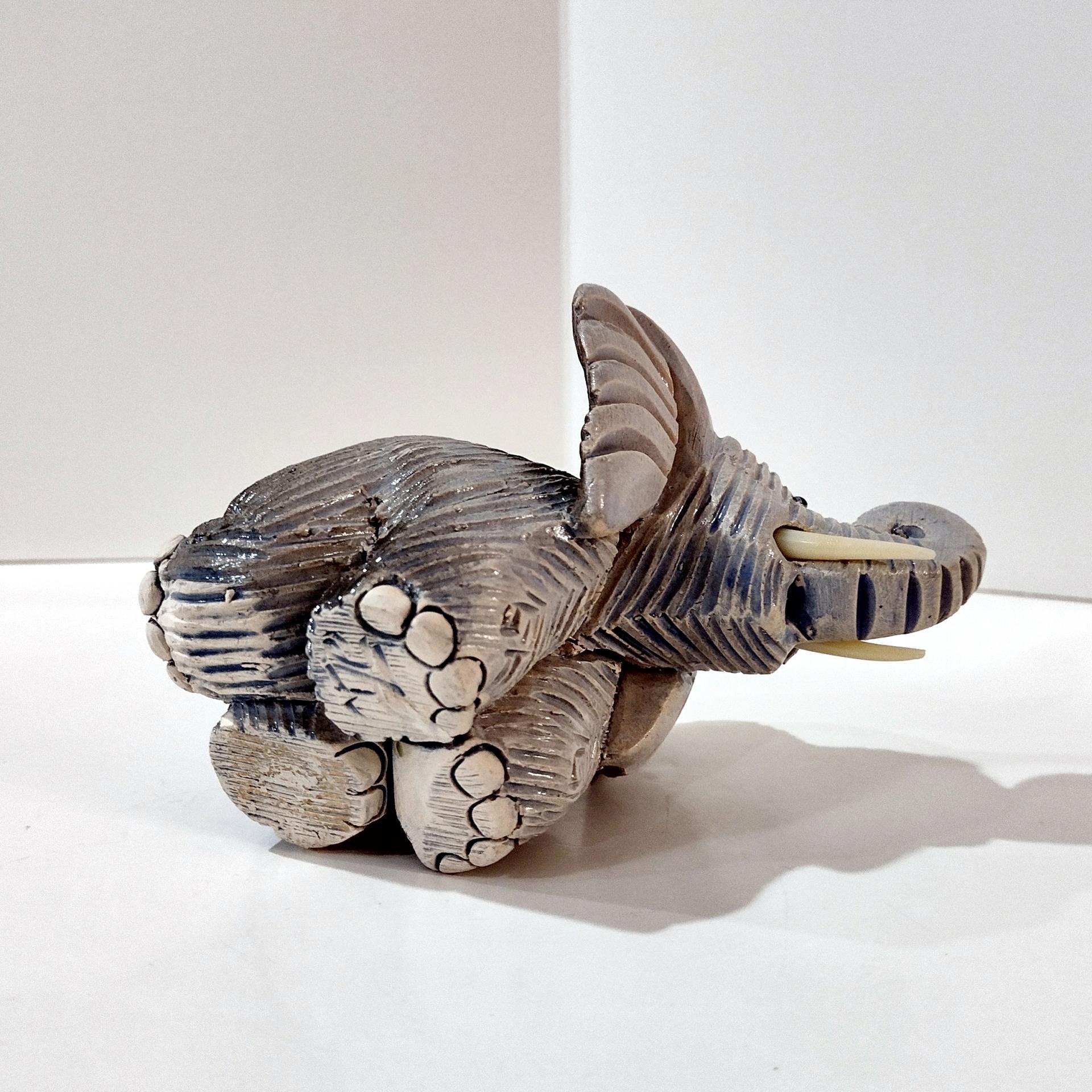 Vintage Artesania Rinconada Uruguay Sculpted Clay Kneeling Elephant Figurine, Good Luck Trunk Up Elephant