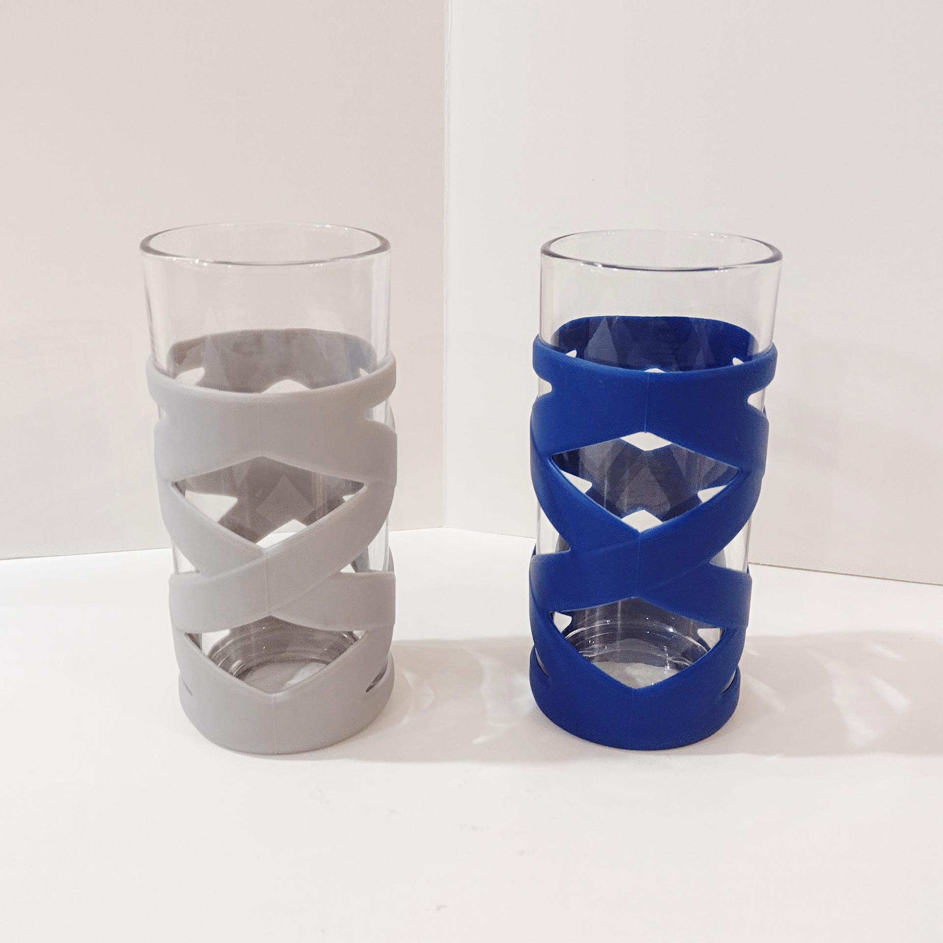 Vintage Ello Tallboy Glasses, Set of Two, Silicone Sleeve Bumper Glasses, Blue and Grey Ello 16 ounce Easy Grip Non-Slip Glasses