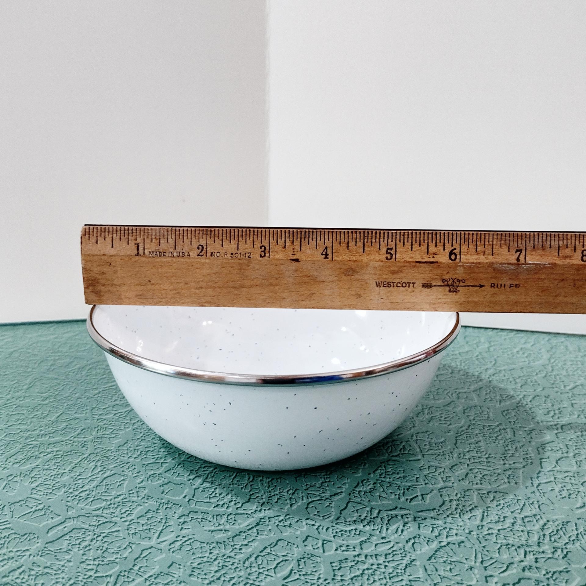 Vintage White Speckled Enamel Camping Bowls, Set of Four, Enamelware Cereal Soup Bowls