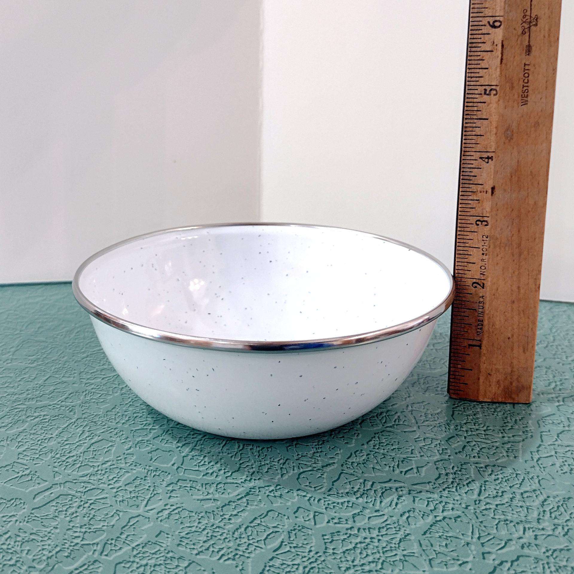 Vintage White Speckled Enamel Camping Bowls, Set of Four, Enamelware Cereal Soup Bowls