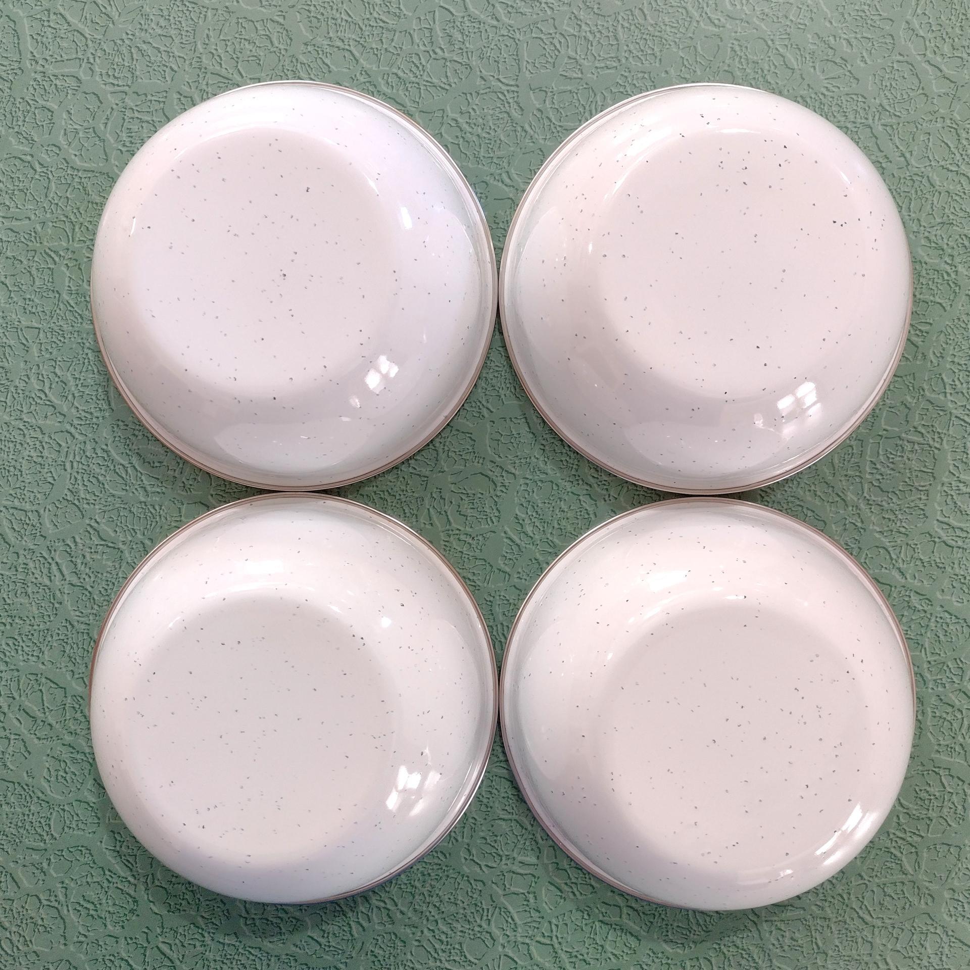 Vintage White Speckled Enamel Camping Bowls, Set of Four, Enamelware Cereal Soup Bowls