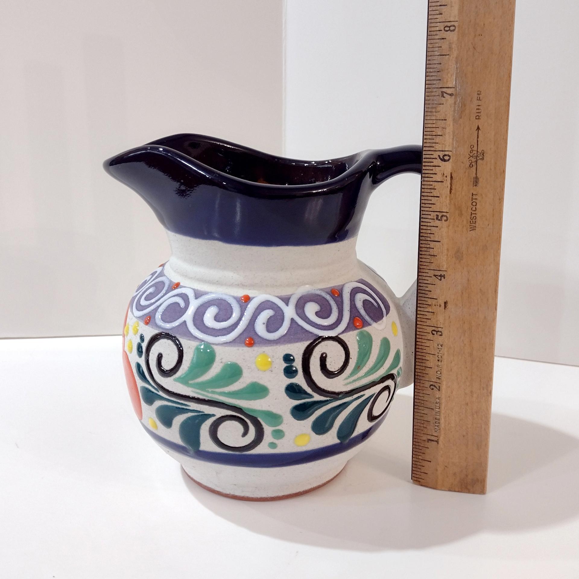 Vintage Mexican Engobe Clay Pitcher, Mexican Folk Art Pottery