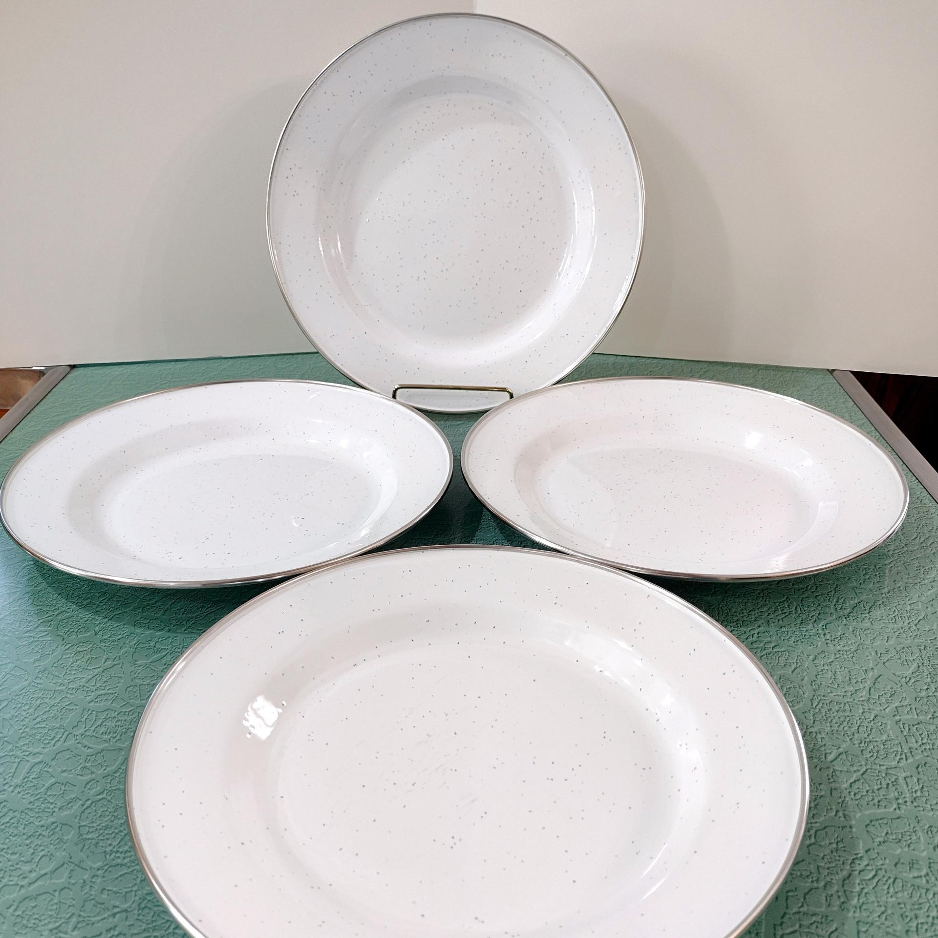 Vintage White Speckled Enamel Camping 10.25 Inch Deep Plates, Set of Four