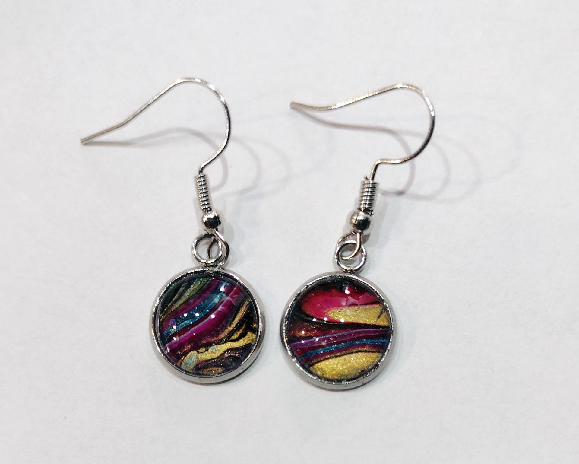 Painted Earrings, Gold, Pink and Blue Stripes