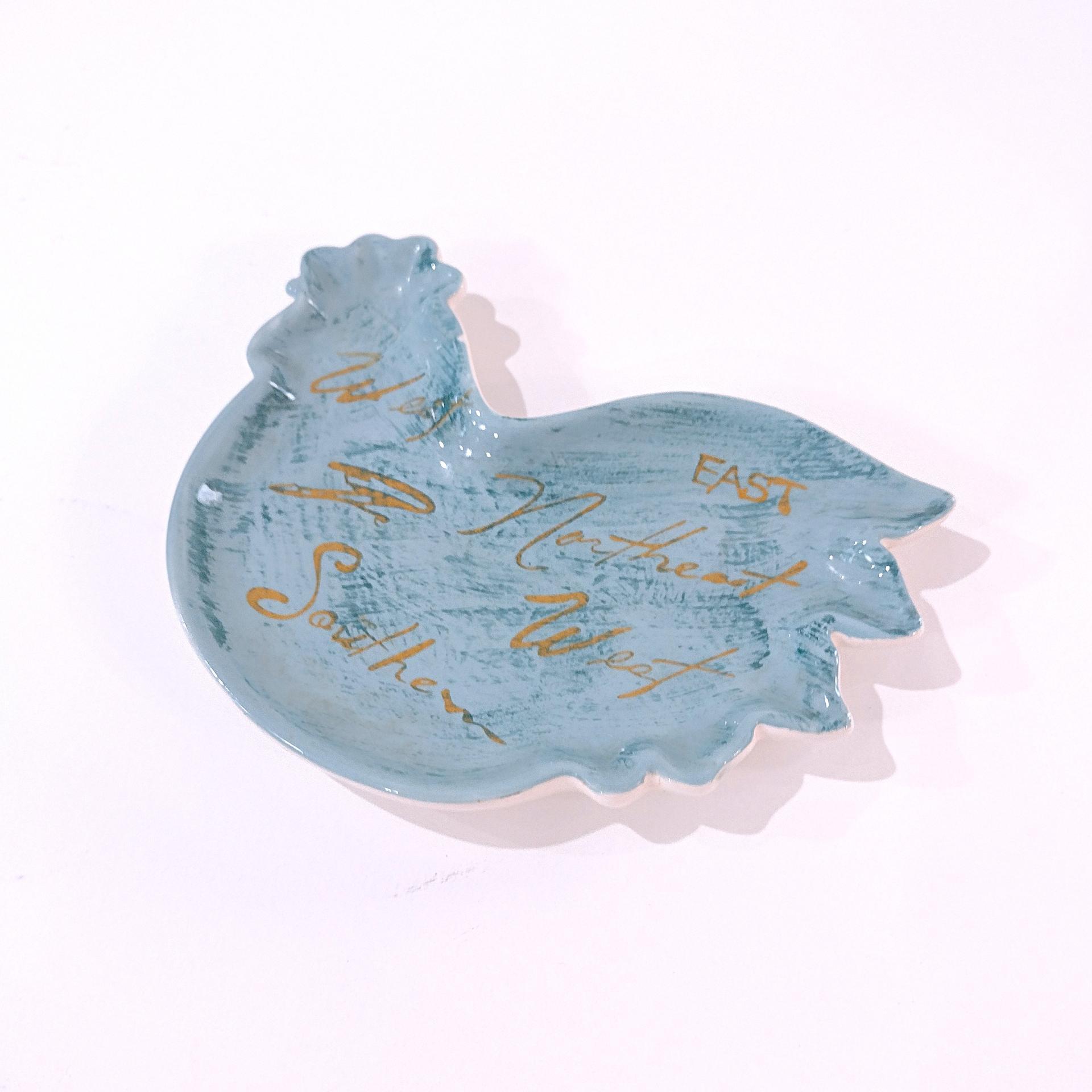 Vintage Cracker Barrel Elegant Rooster Ceramic Spoon Teabag Rest, Susan Winget Designs, Teal Blue and Gold Cardinal Directions Kitchen Decor