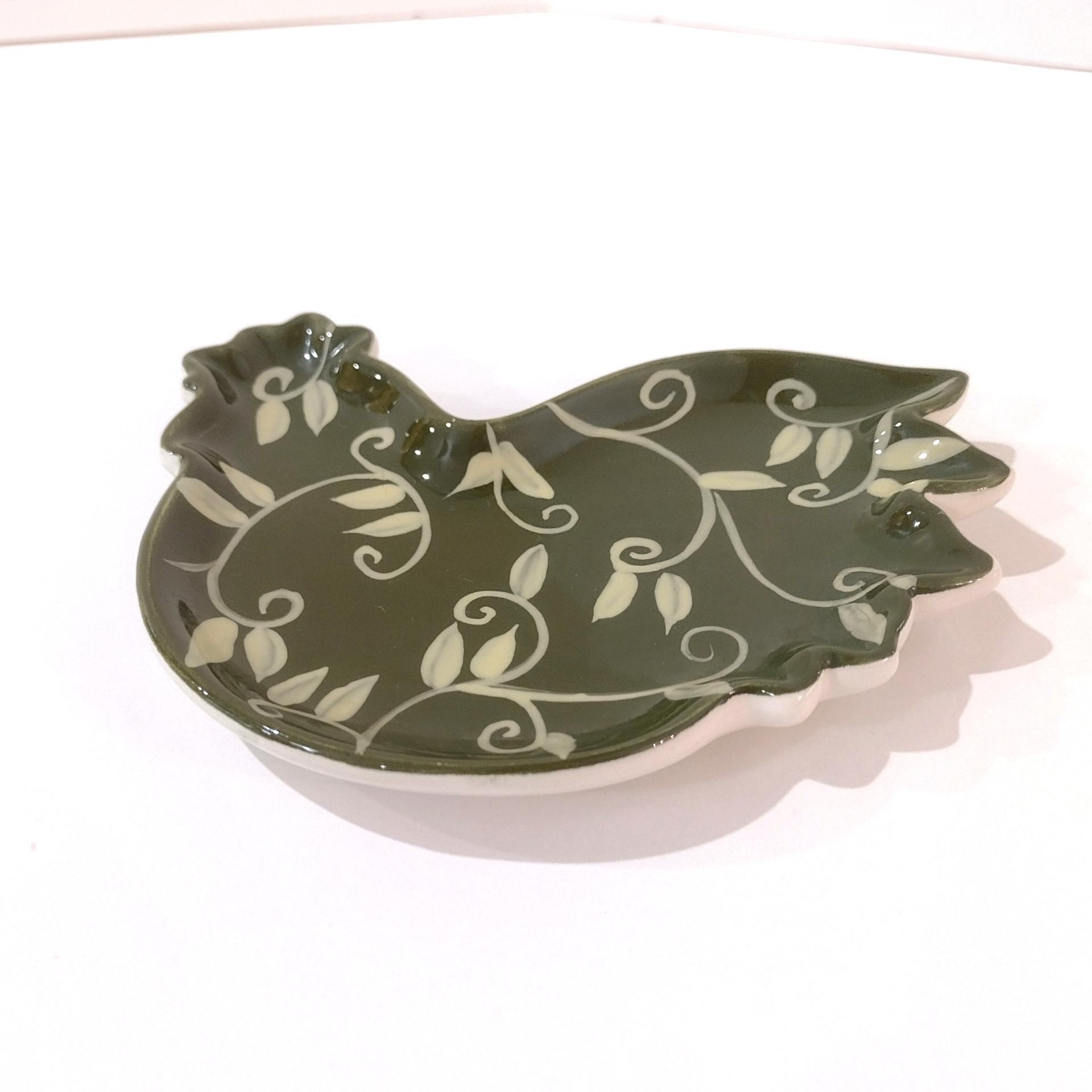 Vintage Cracker Barrel Elegant Rooster Ceramic Spoon Teabag Rest, Susan Winget Designs, Green and White Kitchen Decor