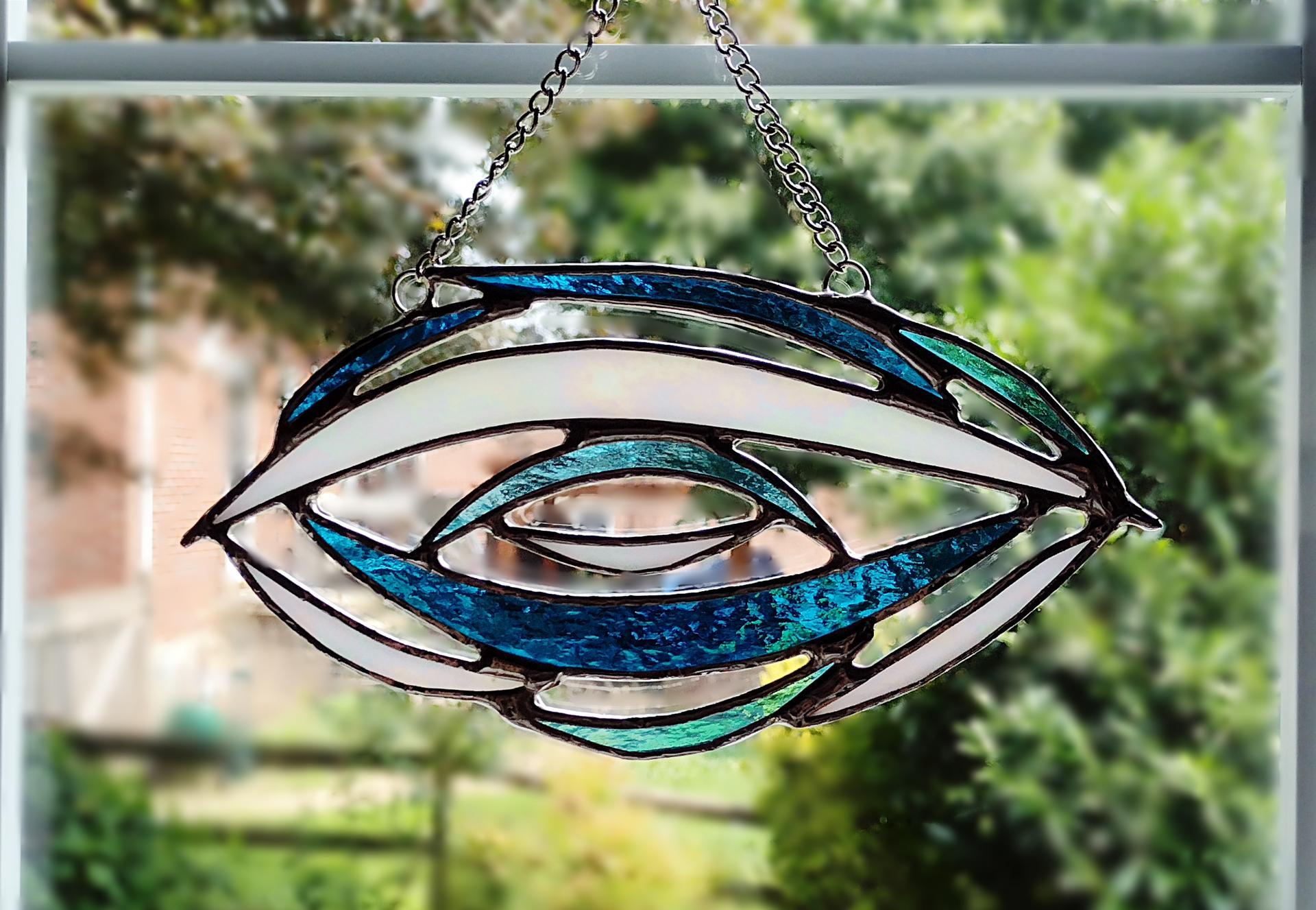 Stained Glass Abstract Suncatcher / Beachy Abstract in Blues and Iridescent White