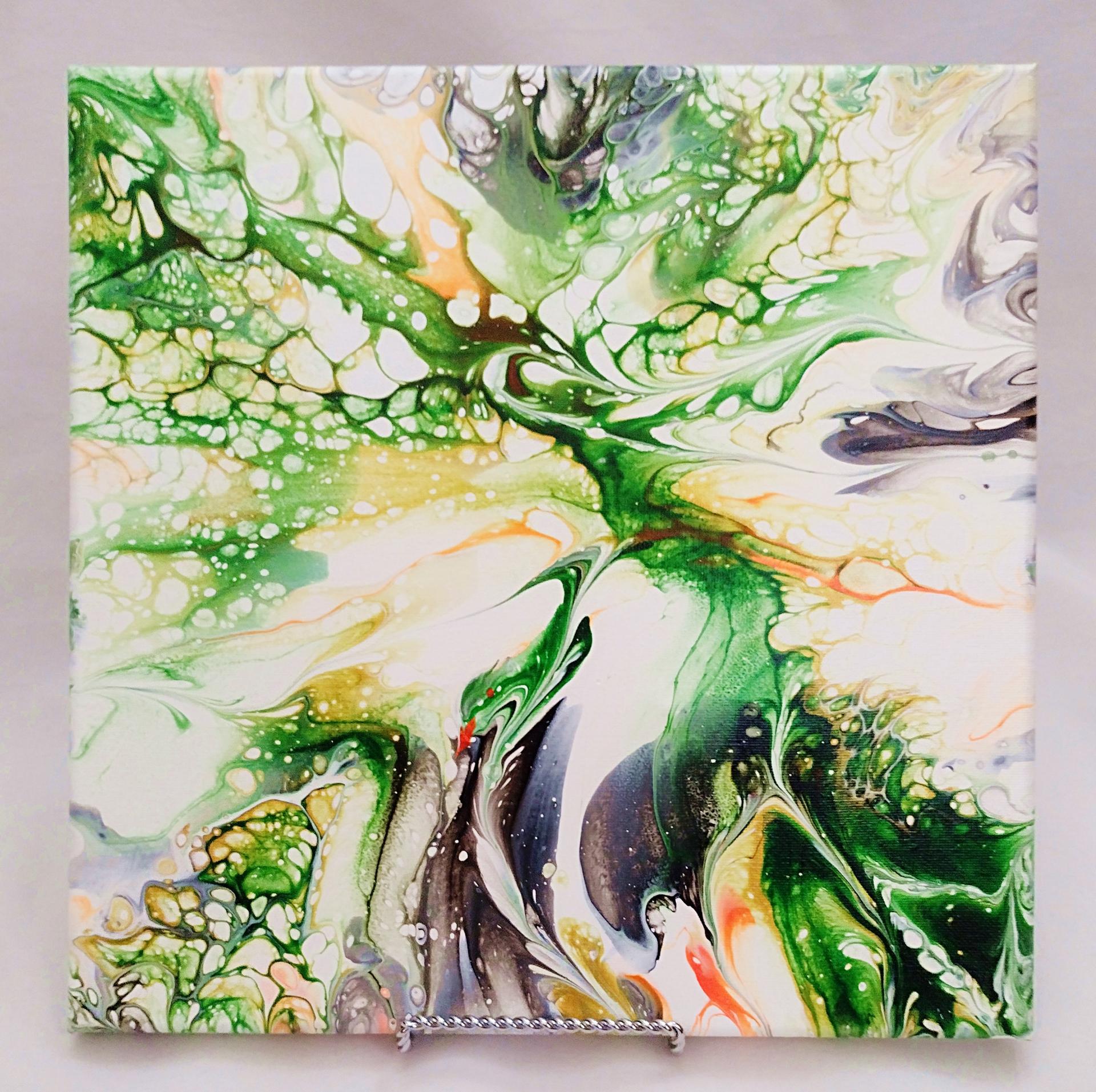 Green, Orange, and White Abstract Original Acrylic Pour Painting, 12" x 12", Fluid Art Painting