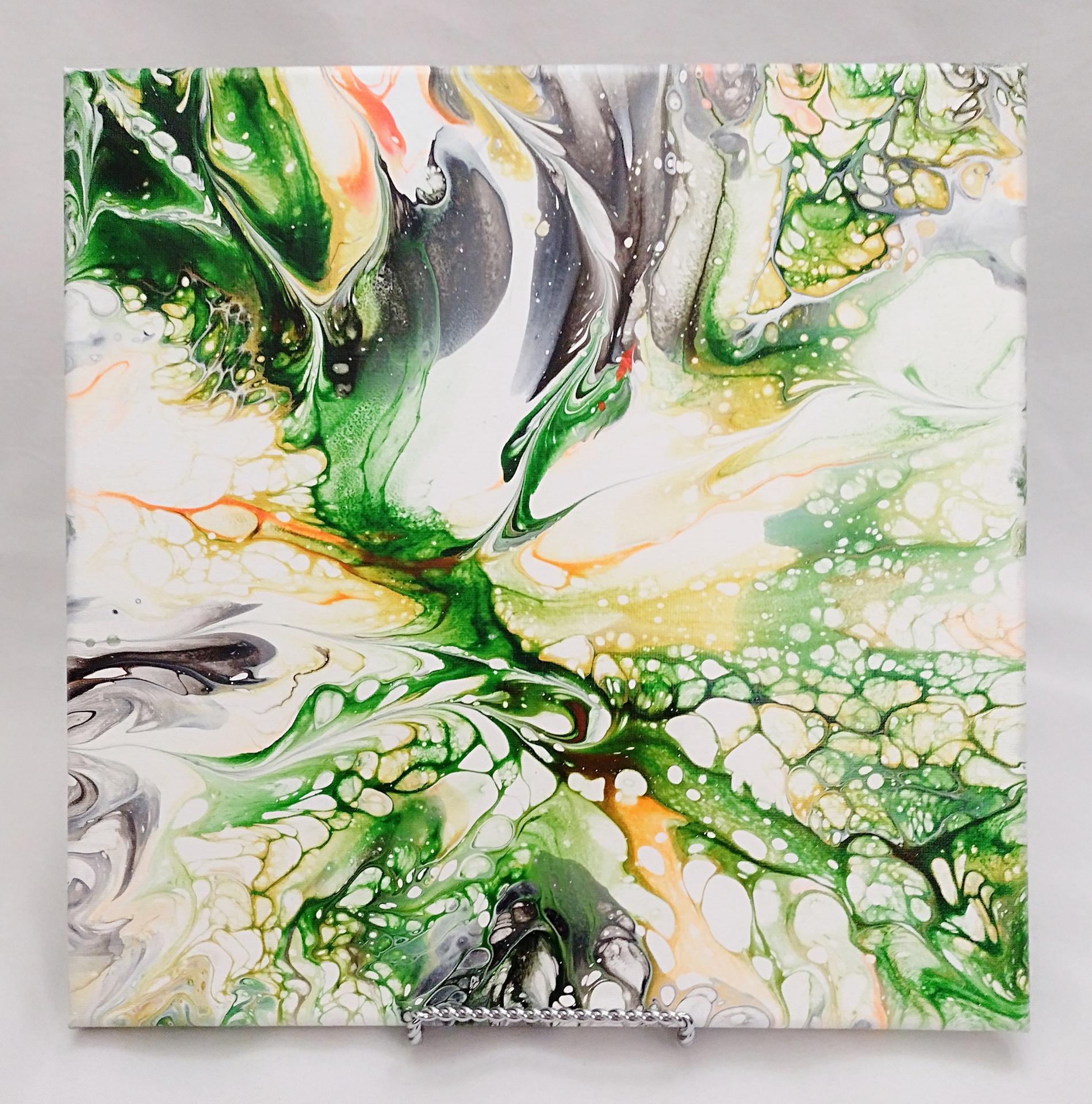 Green, Orange, and White Abstract Original Acrylic Pour Painting, 12" x 12", Fluid Art Painting