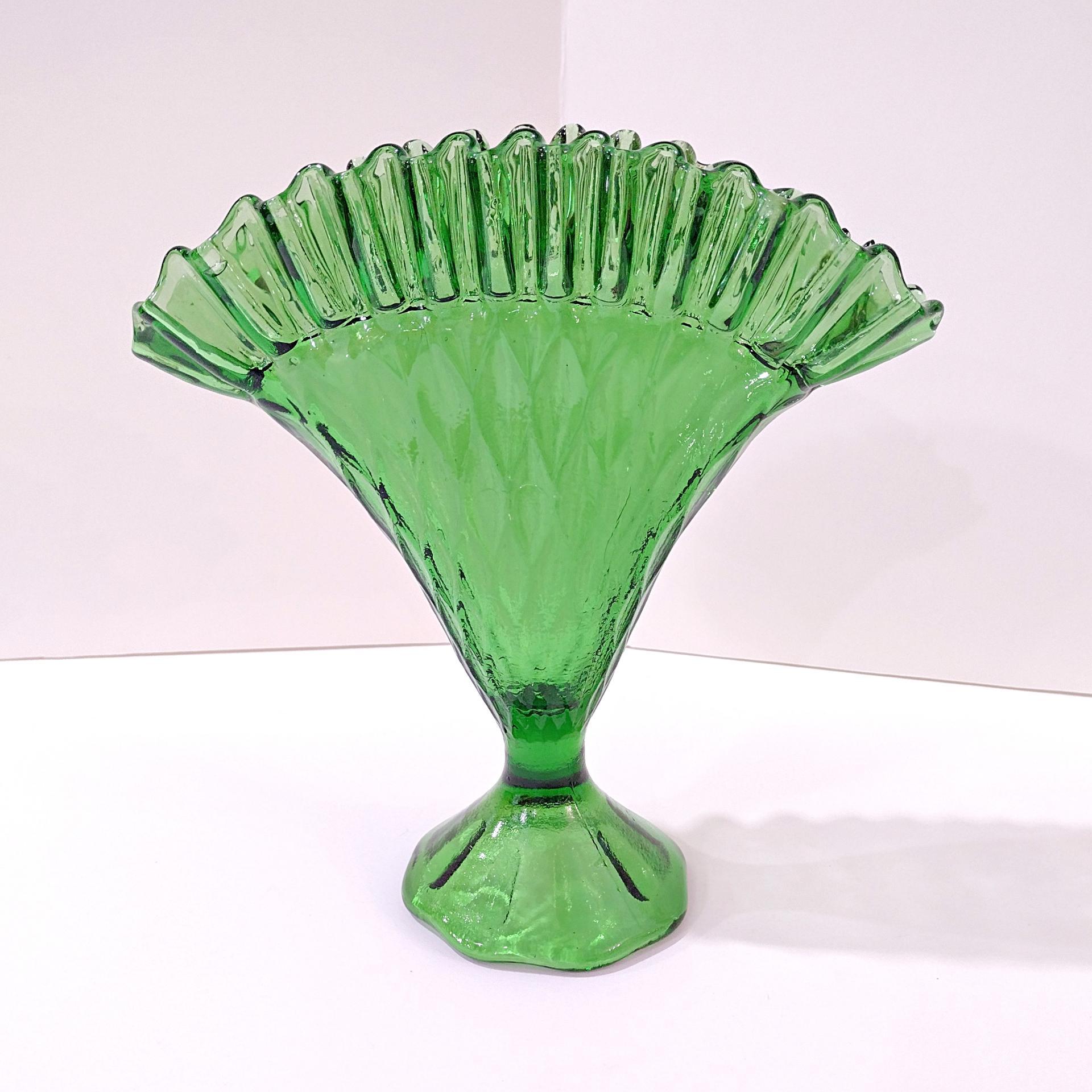 Vintage Green Glass Ruffled Diamond Point Fan Vase, Made in Italy